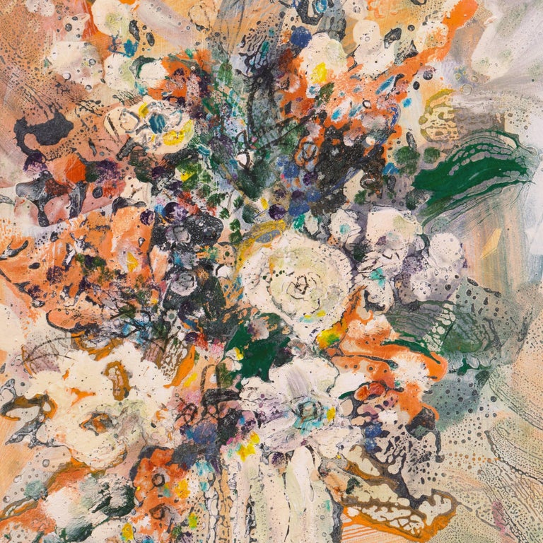 An exuberant Post-Impressionist still life of spring flowers shown informally arranged in a creamware vase against a variegated ivory background.

Signed Lower Right 'H. Frank' and painted circa 1975.

After initially studying in Paris, Harold Frank