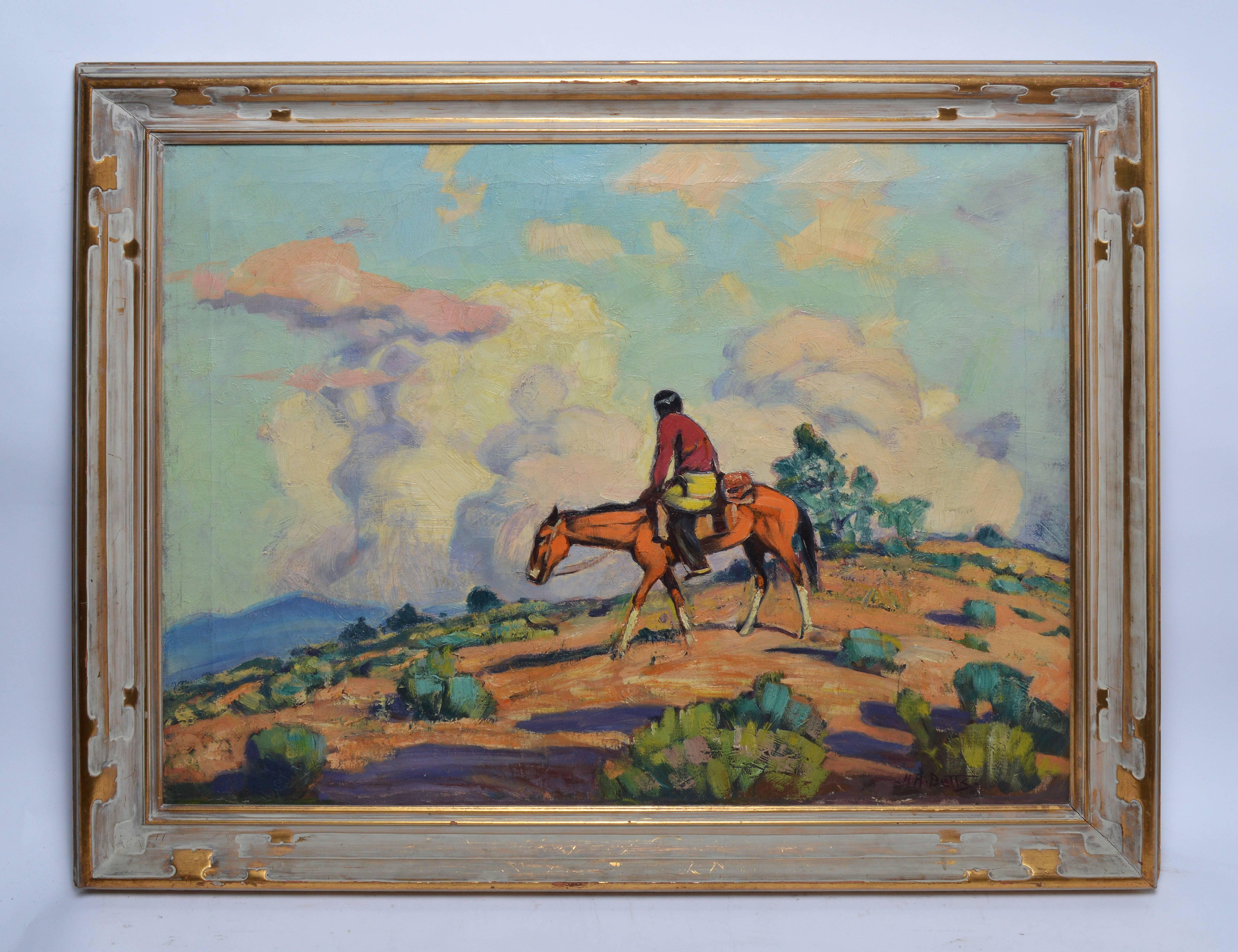 Taos School Landscape with Pueblo Indian on Horseback by Harold Betts - Painting by Harold Harrington Betts