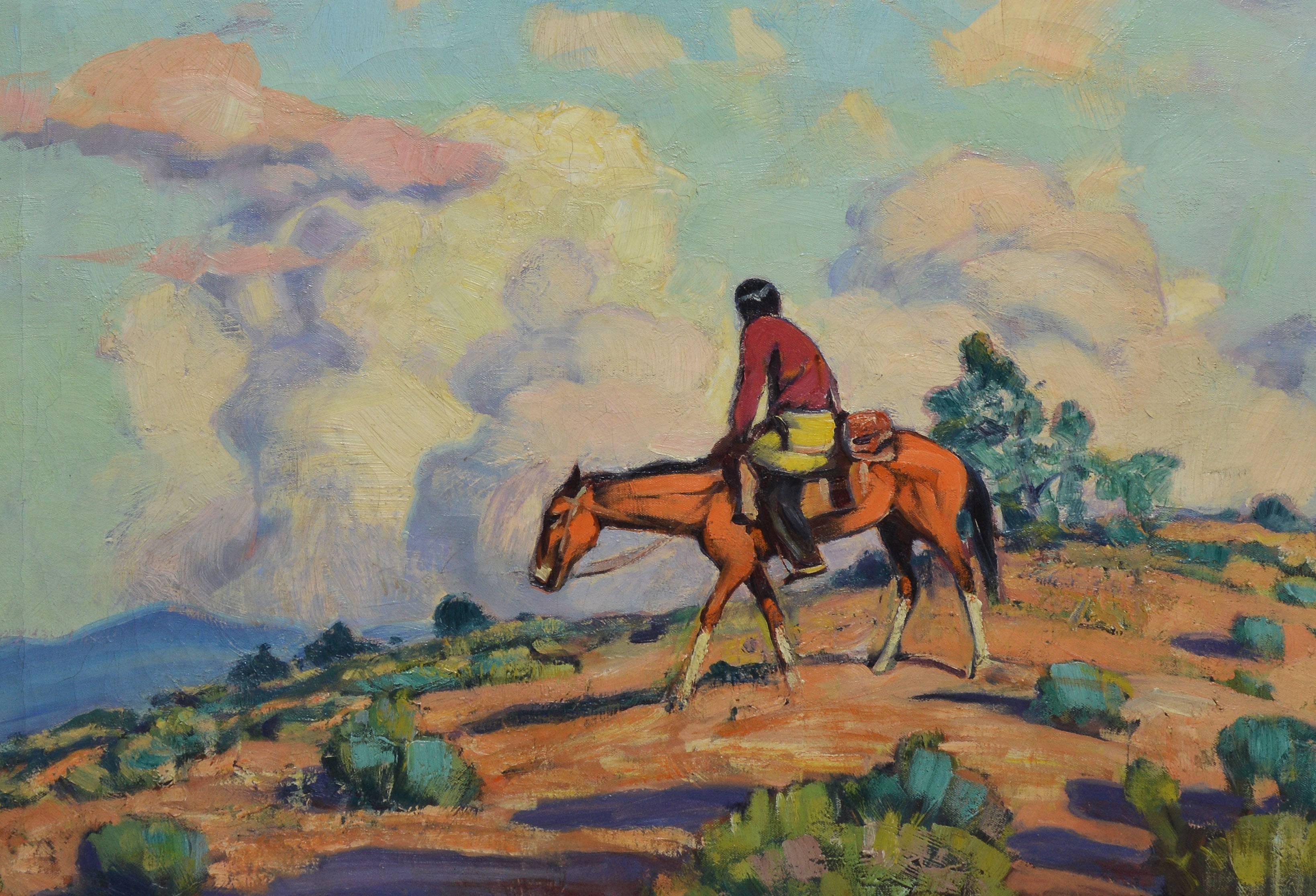 Taos School Landscape with Pueblo Indian on Horseback by Harold Betts - Impressionist Painting by Harold Harrington Betts