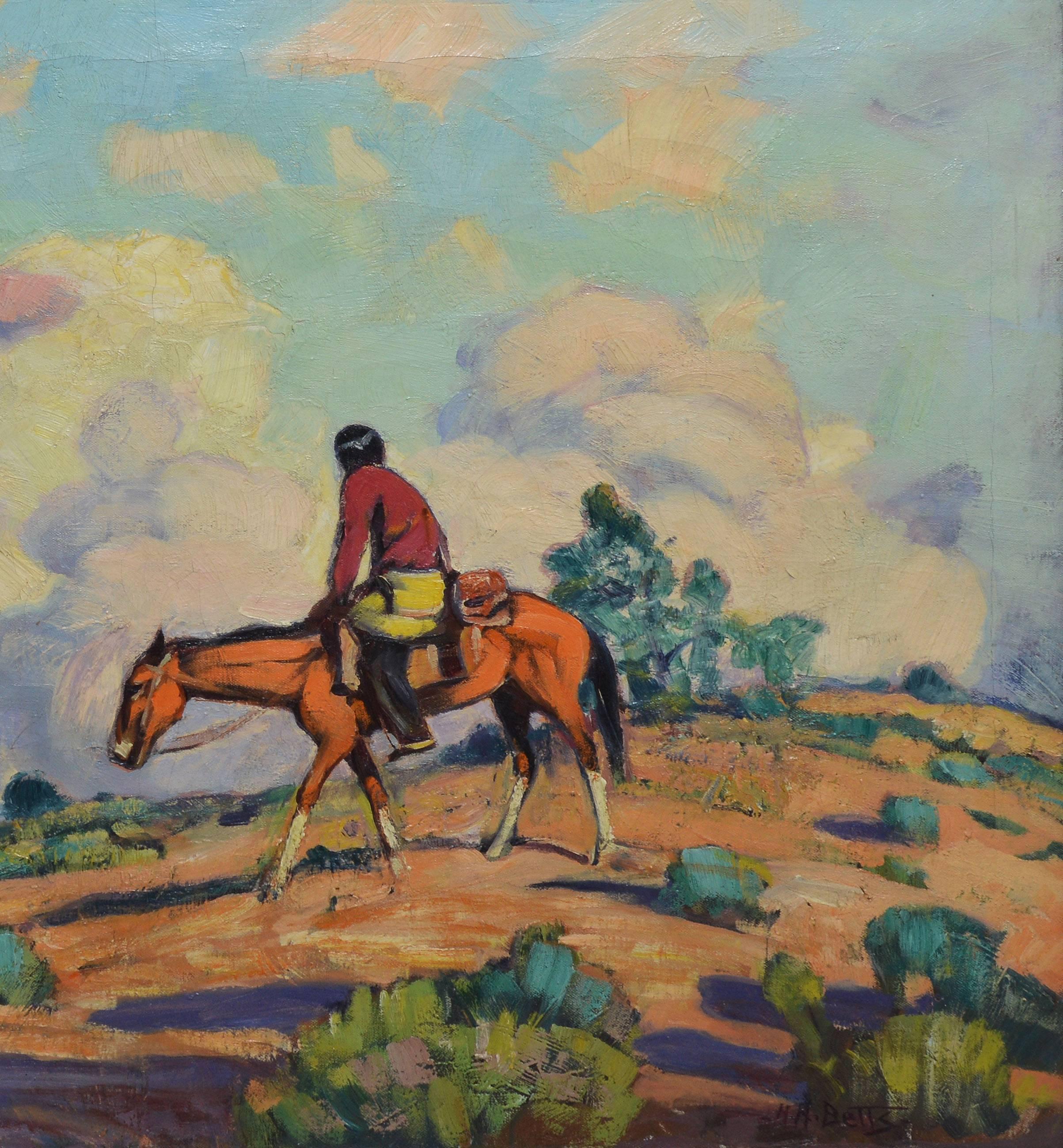 Taos School Landscape with Pueblo Indian on Horseback by Harold Betts - Gray Landscape Painting by Harold Harrington Betts