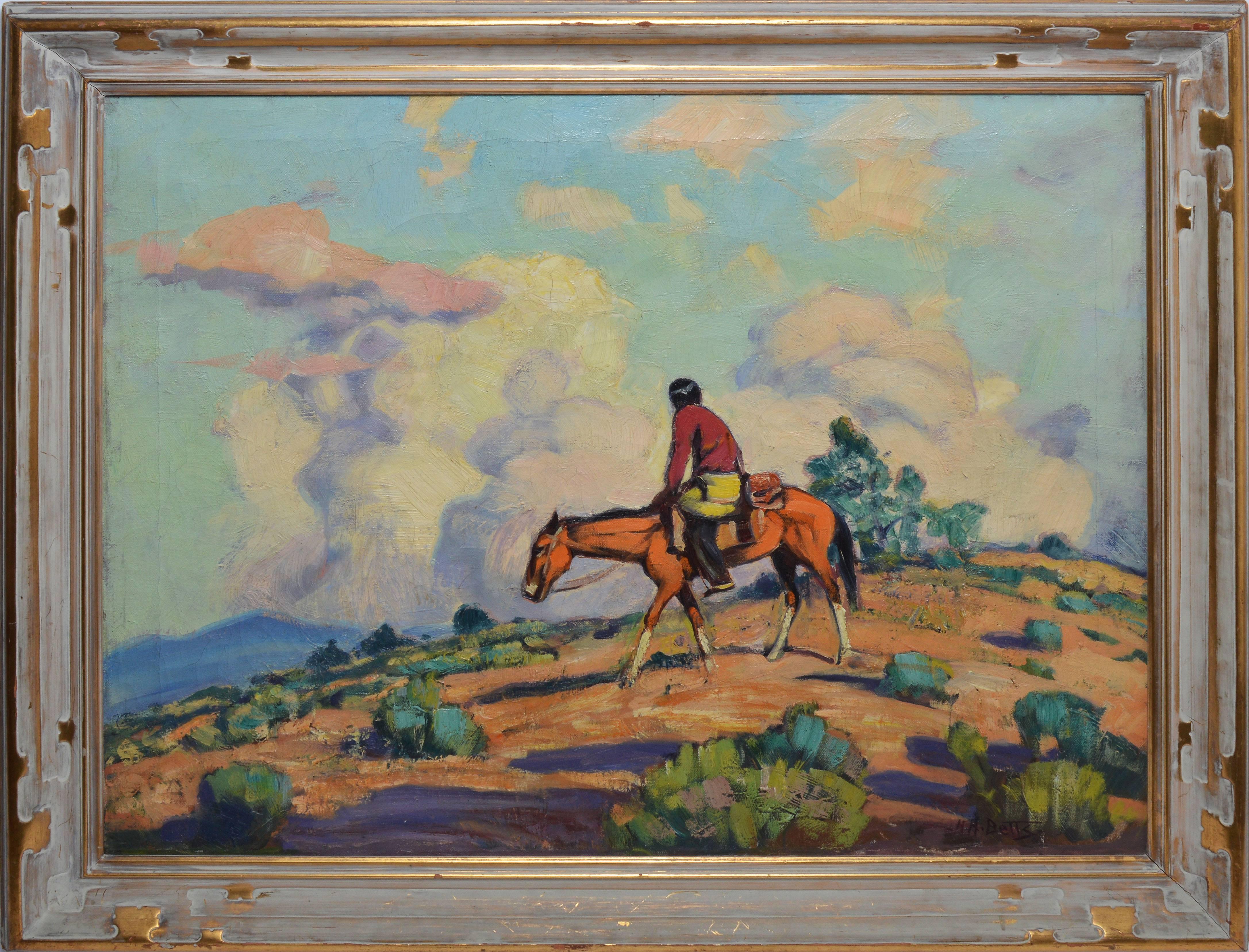 Harold Harrington Betts Landscape Painting - Taos School Landscape with Pueblo Indian on Horseback by Harold Betts