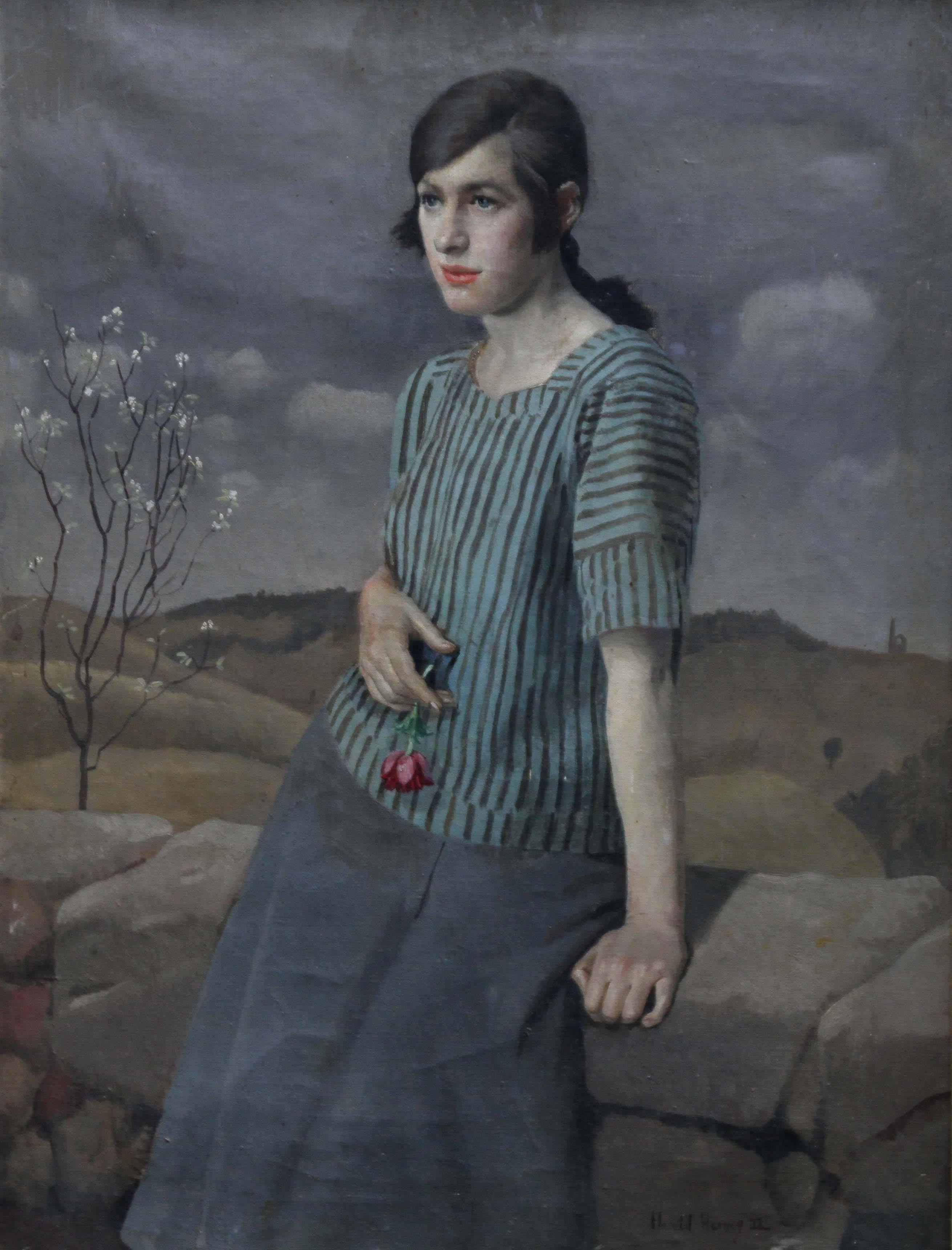 Clara - Paysage portrait féminin Art Déco britannique des années 20 - Peinture à l'huile de Newlyn  - Painting de Harold Harvey