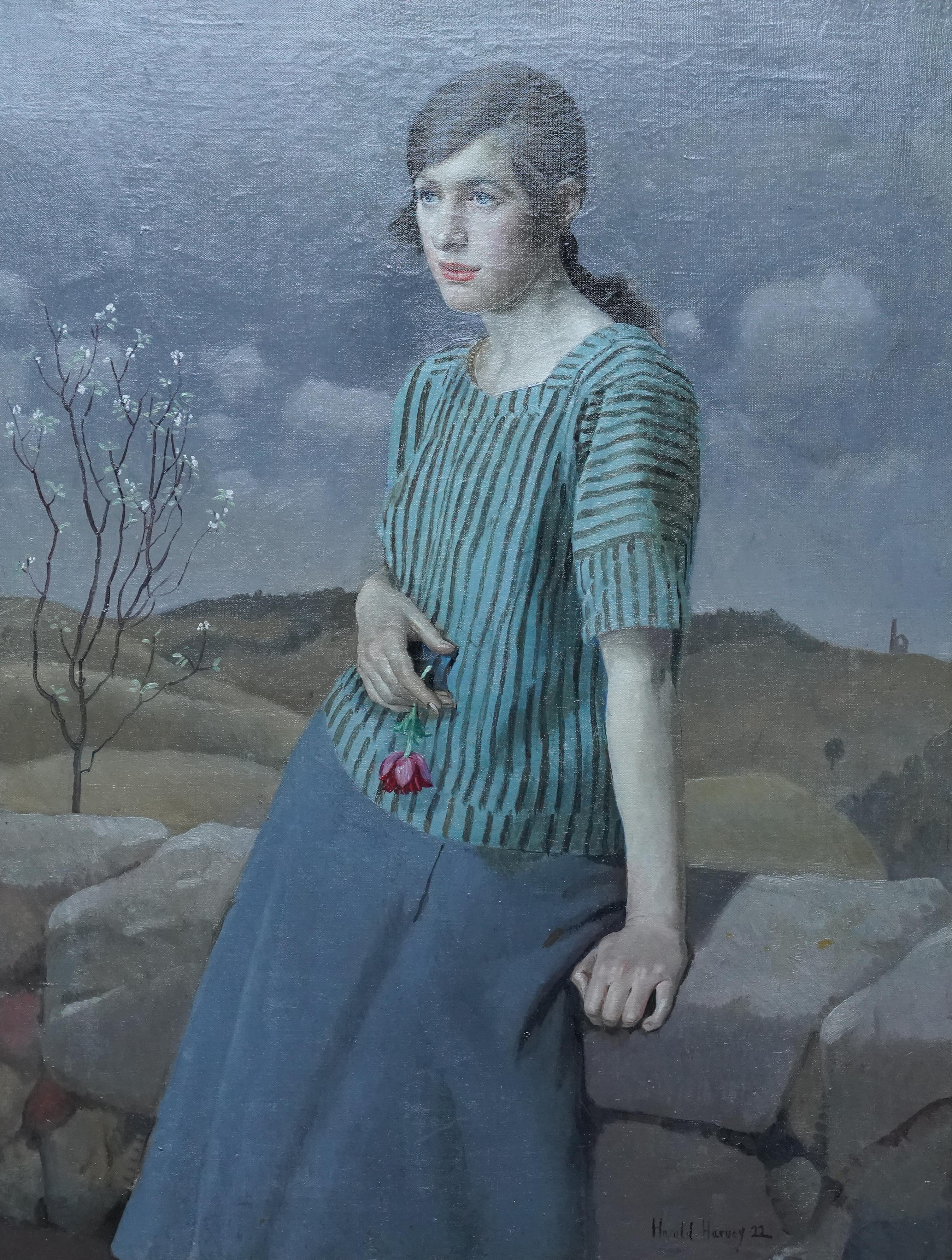 Clara - Paysage portrait féminin Art Déco britannique des années 20 - Peinture à l'huile de Newlyn - Painting de Harold Harvey
