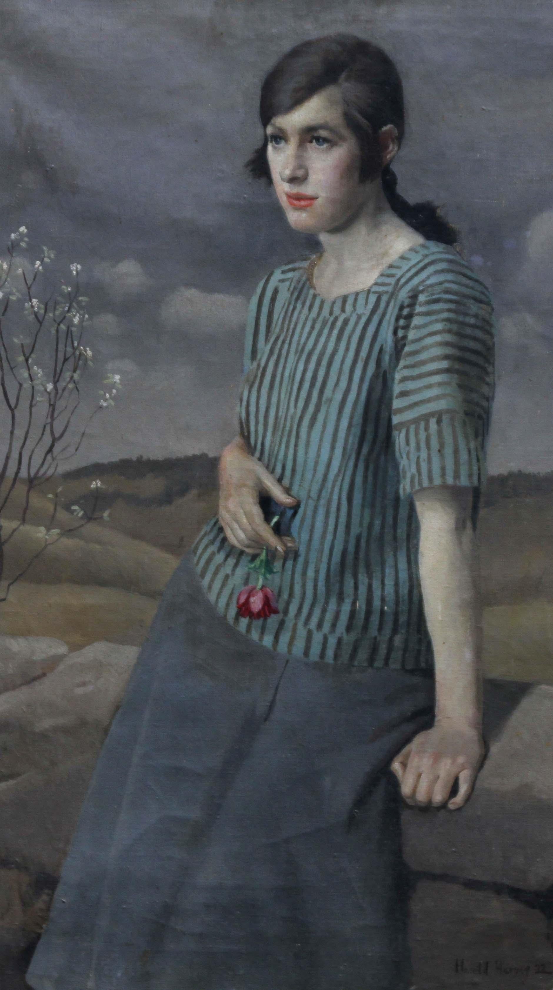 Clara - Paysage portrait féminin Art Déco britannique des années 20 - Peinture à l'huile de Newlyn  - Art déco Painting par Harold Harvey