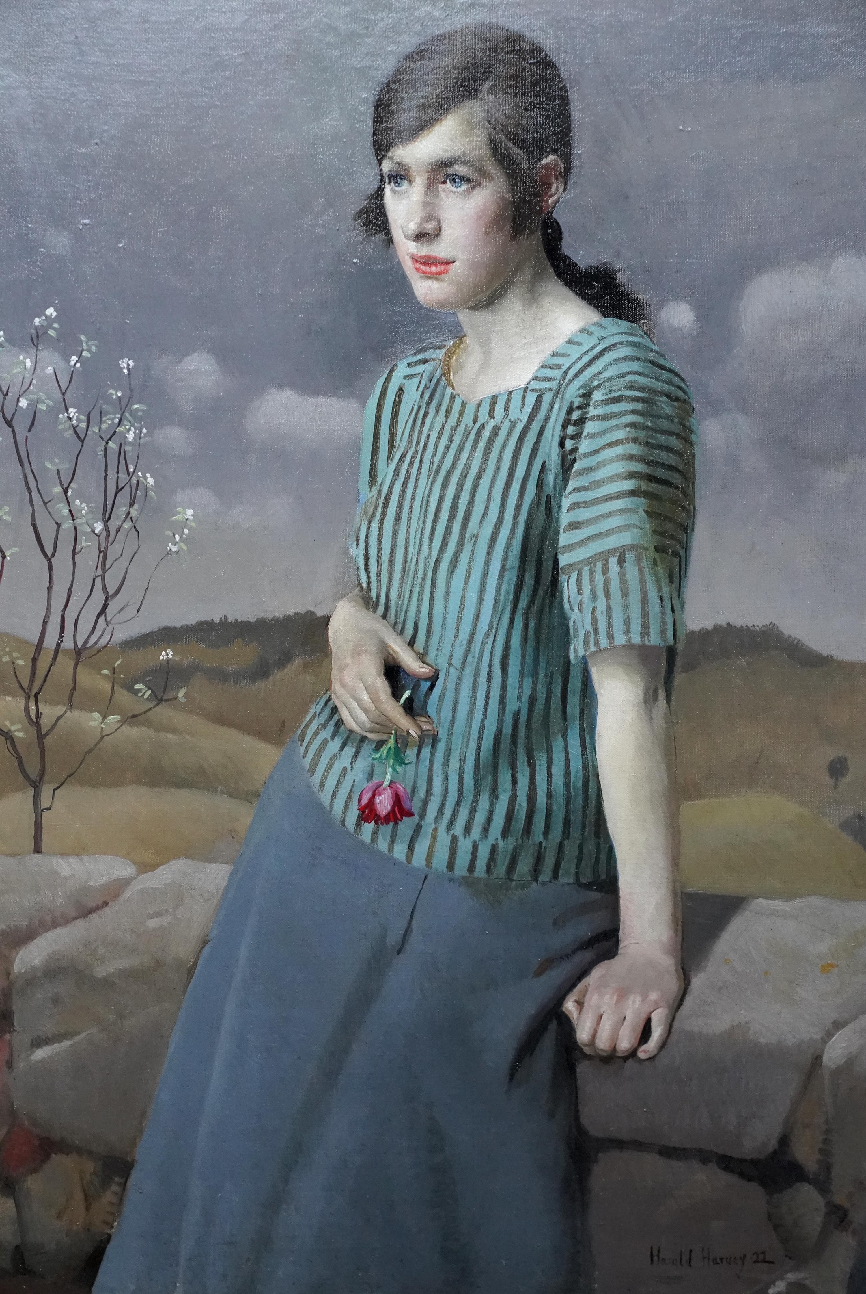Clara - Paysage portrait féminin Art Déco britannique des années 20 - Peinture à l'huile de Newlyn - Art déco Painting par Harold Harvey