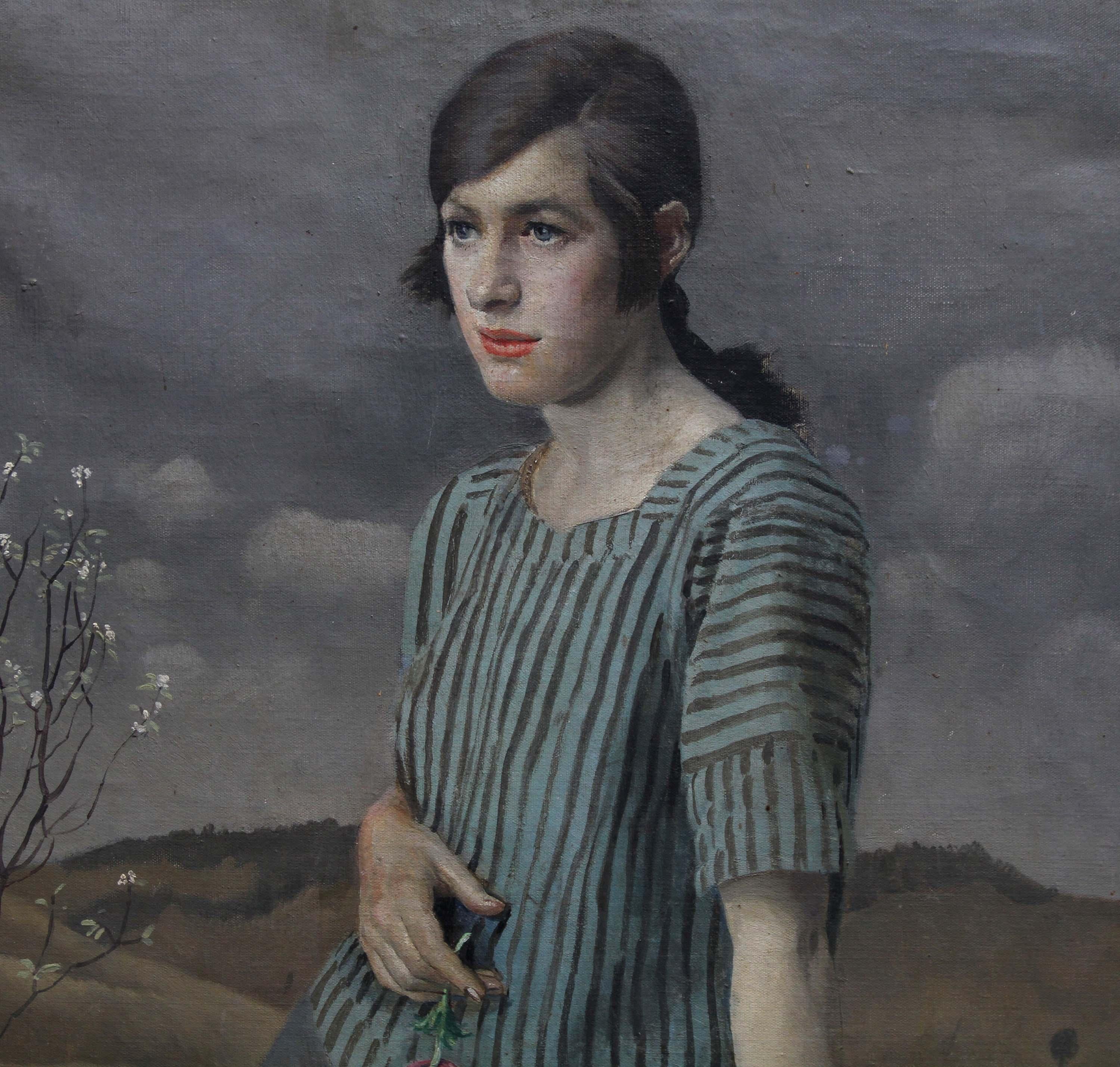 Ein hervorragendes Porträt-Ölgemälde des bekannten britischen Künstlers der Newlyn-Schule Harold Harvey. Die Dargestellte ist Clara Matthews und wurde 1922 gemalt. Das Ganzkörperporträt zeigt Clara in einer Landschaft und hält eine Rose. Auf