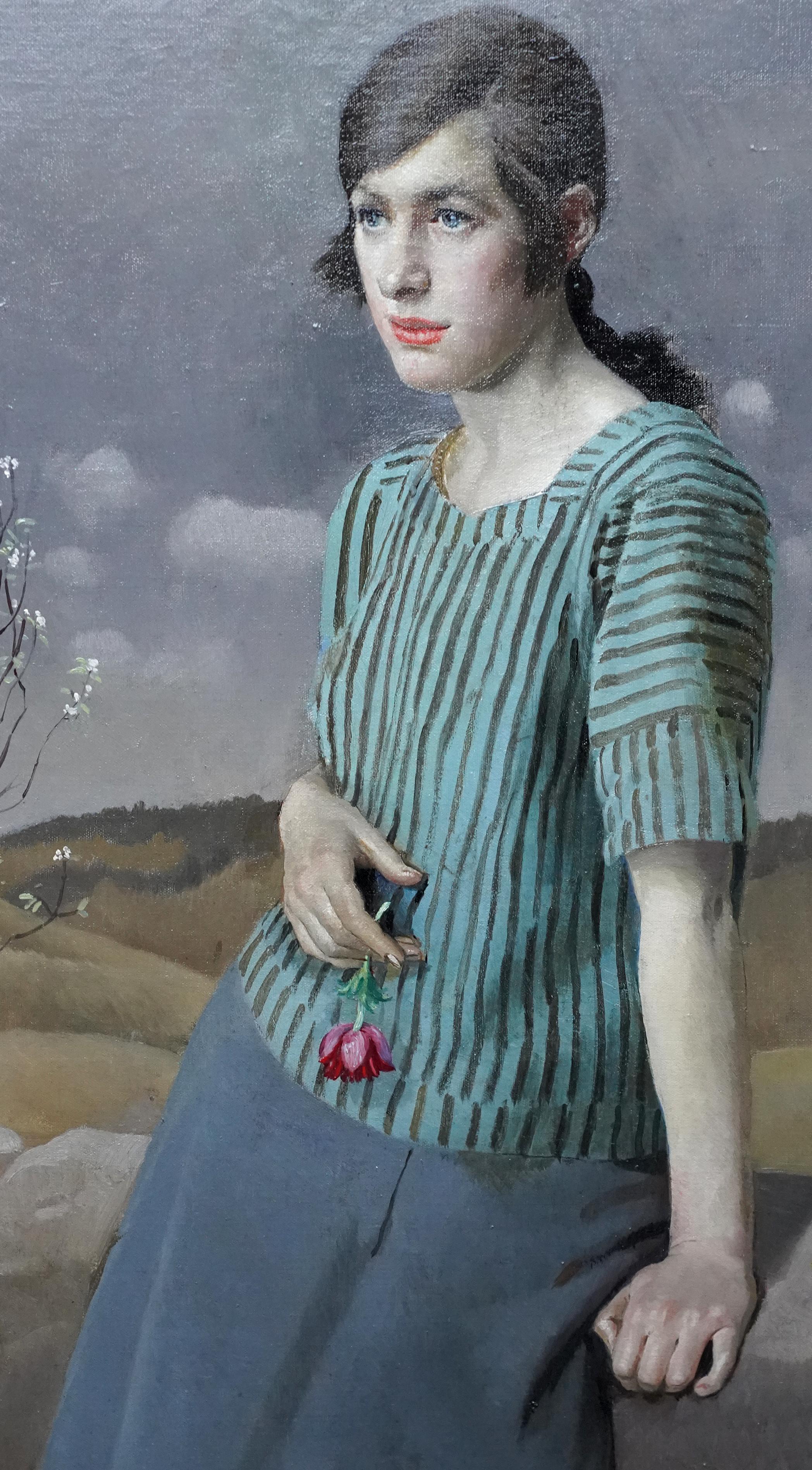 Clara - Paysage portrait féminin Art Déco britannique des années 20 - Peinture à l'huile de Newlyn - Noir Portrait Painting par Harold Harvey
