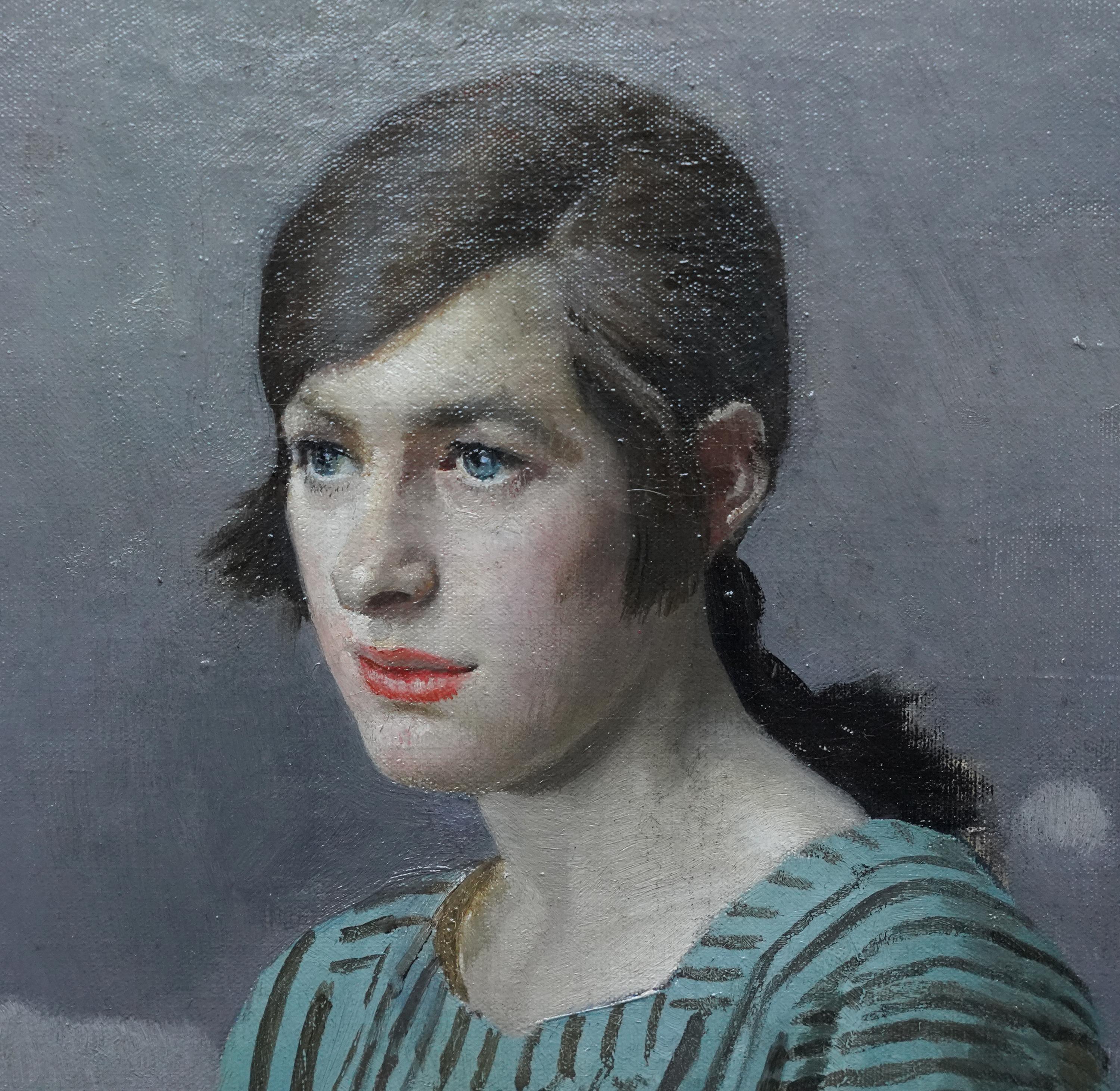 Clara - Paysage portrait féminin Art Déco britannique des années 20 - Peinture à l'huile de Newlyn en vente 2