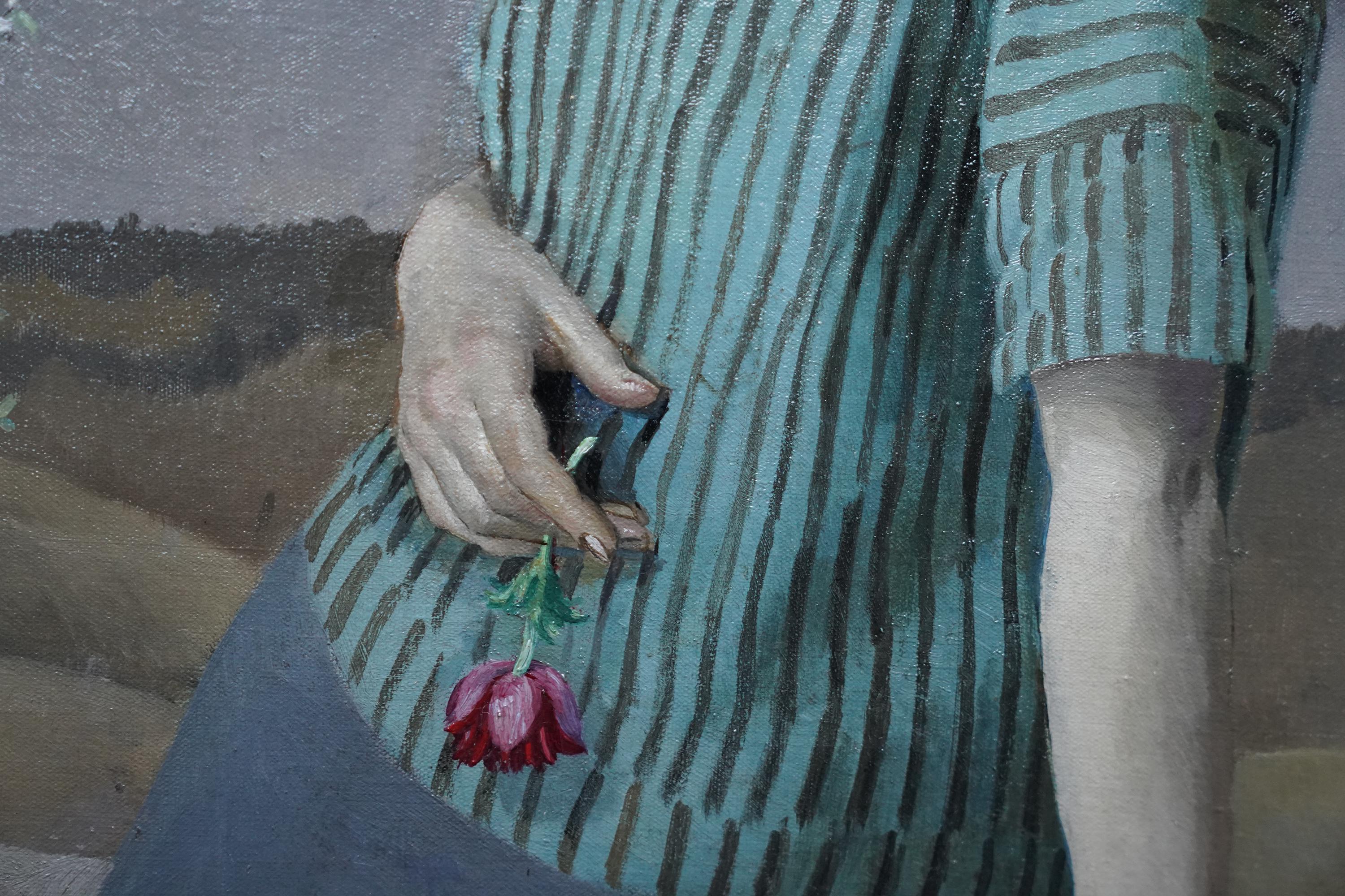 Clara - Paysage portrait féminin Art Déco britannique des années 20 - Peinture à l'huile de Newlyn en vente 3