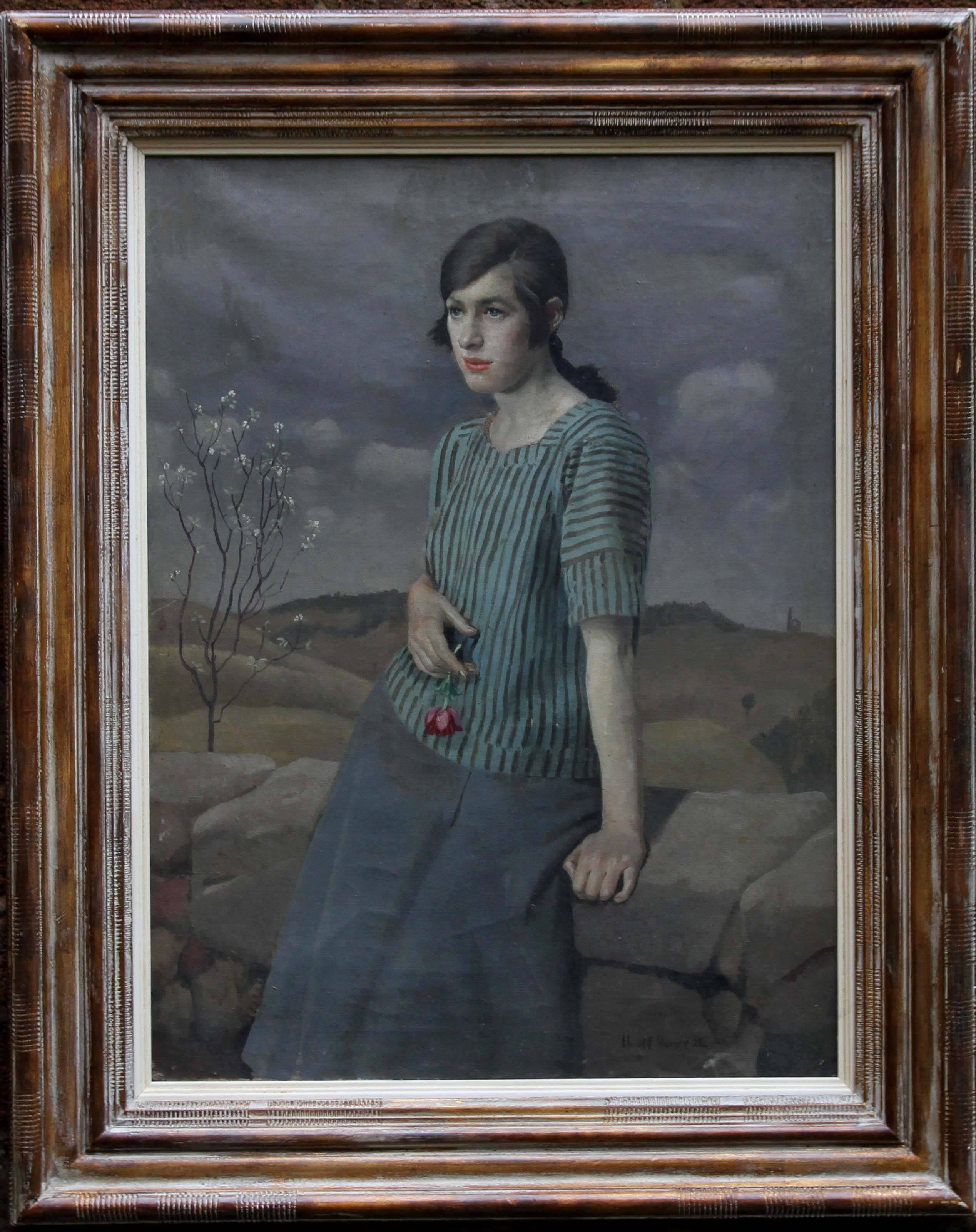Portrait Painting Harold Harvey - Clara - Paysage portrait féminin Art Déco britannique des années 20 - Peinture à l'huile de Newlyn 