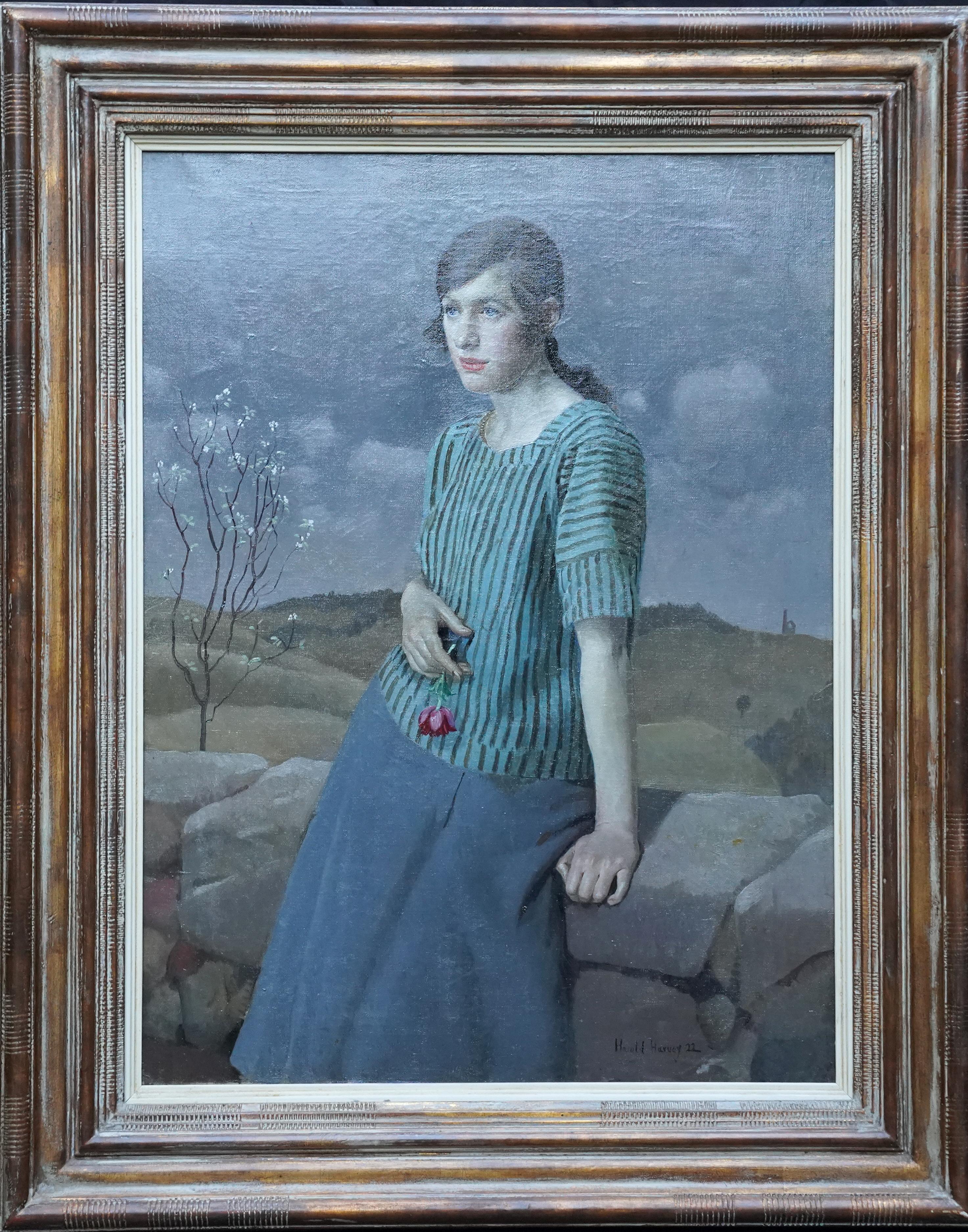 Clara - Paysage portrait féminin Art Déco britannique des années 20 - Peinture à l'huile de Newlyn