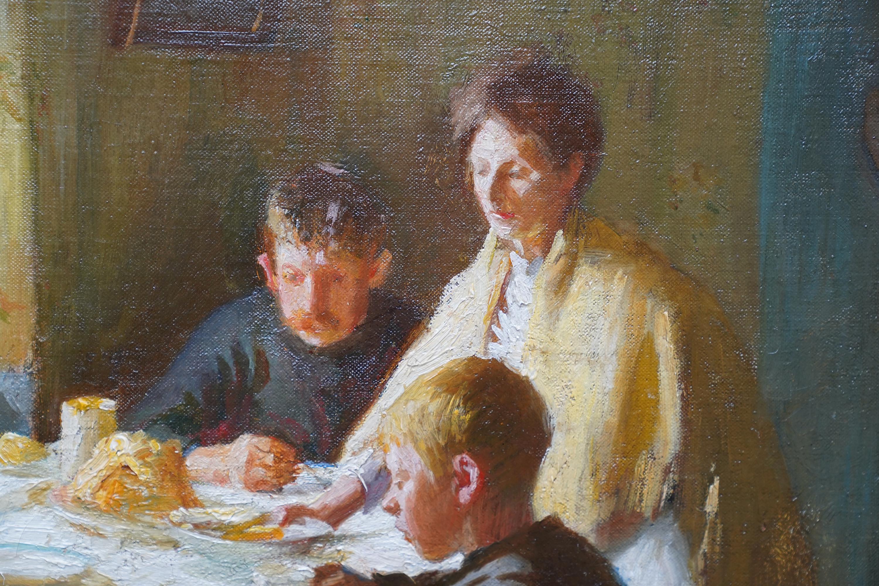 Famiglia della Cornovaglia in un interno - pittura ad olio della Scuola di Newlyn del 1912 - Painting Realismo di Harold Harvey
