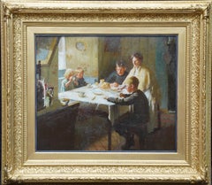 Famille Cornish dans un intérieur - peinture à l'huile britannique de 1912 de l'école de Newlyn