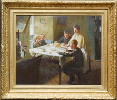 Antique Cornish Family in an Interior - British 1912 Newlyn School art oil painting
