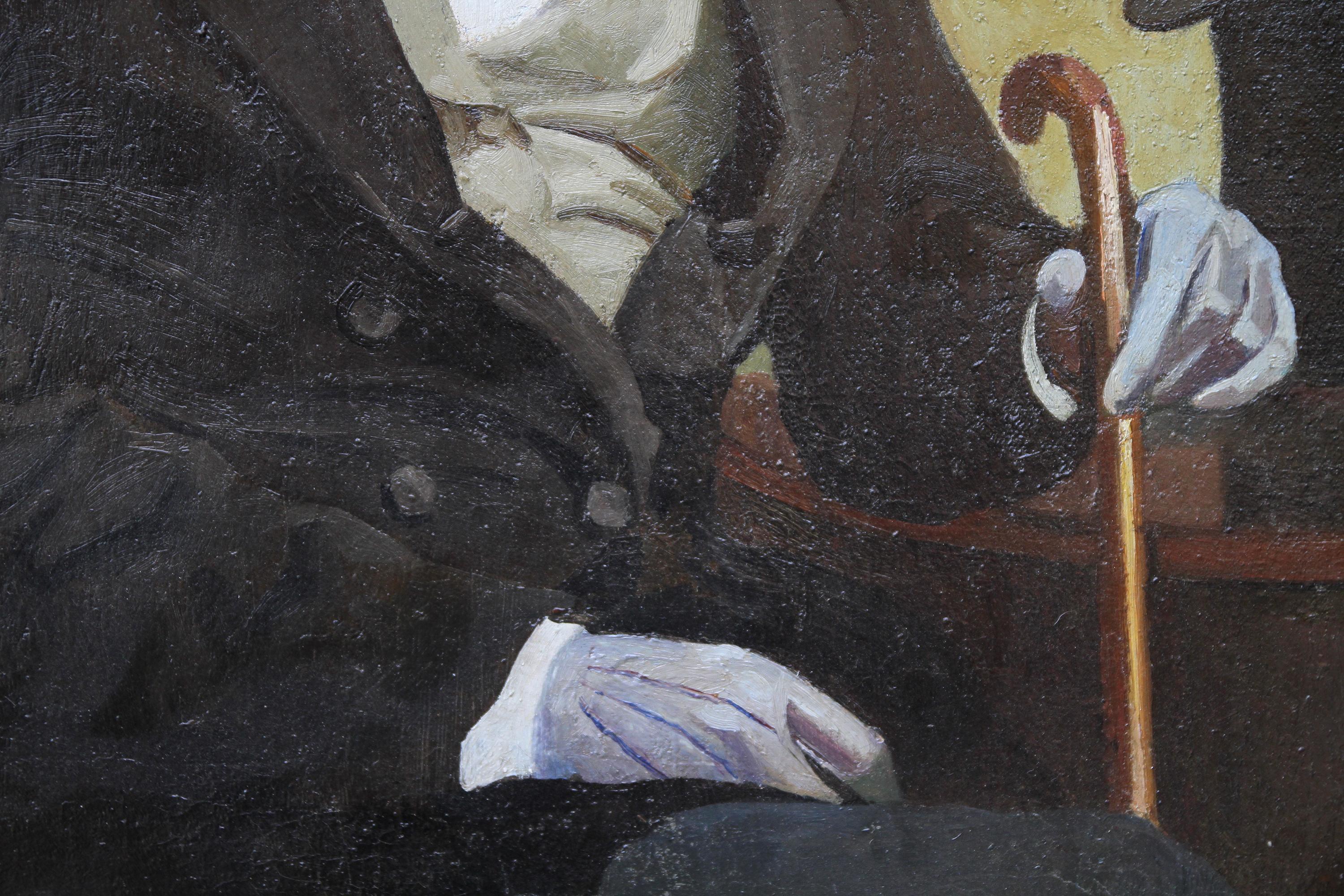 Ein feines Öl auf Leinwand von Harold Harold, das ein Porträt von Francis Elliot Voyle zeigt. Es wurde 1916 gemalt. Es ist ein großartiges Ölgemälde eines sitzenden Herrn mit Zylinder und Gehstock. Großartige Pinselführung. 
Signiert und datiert
