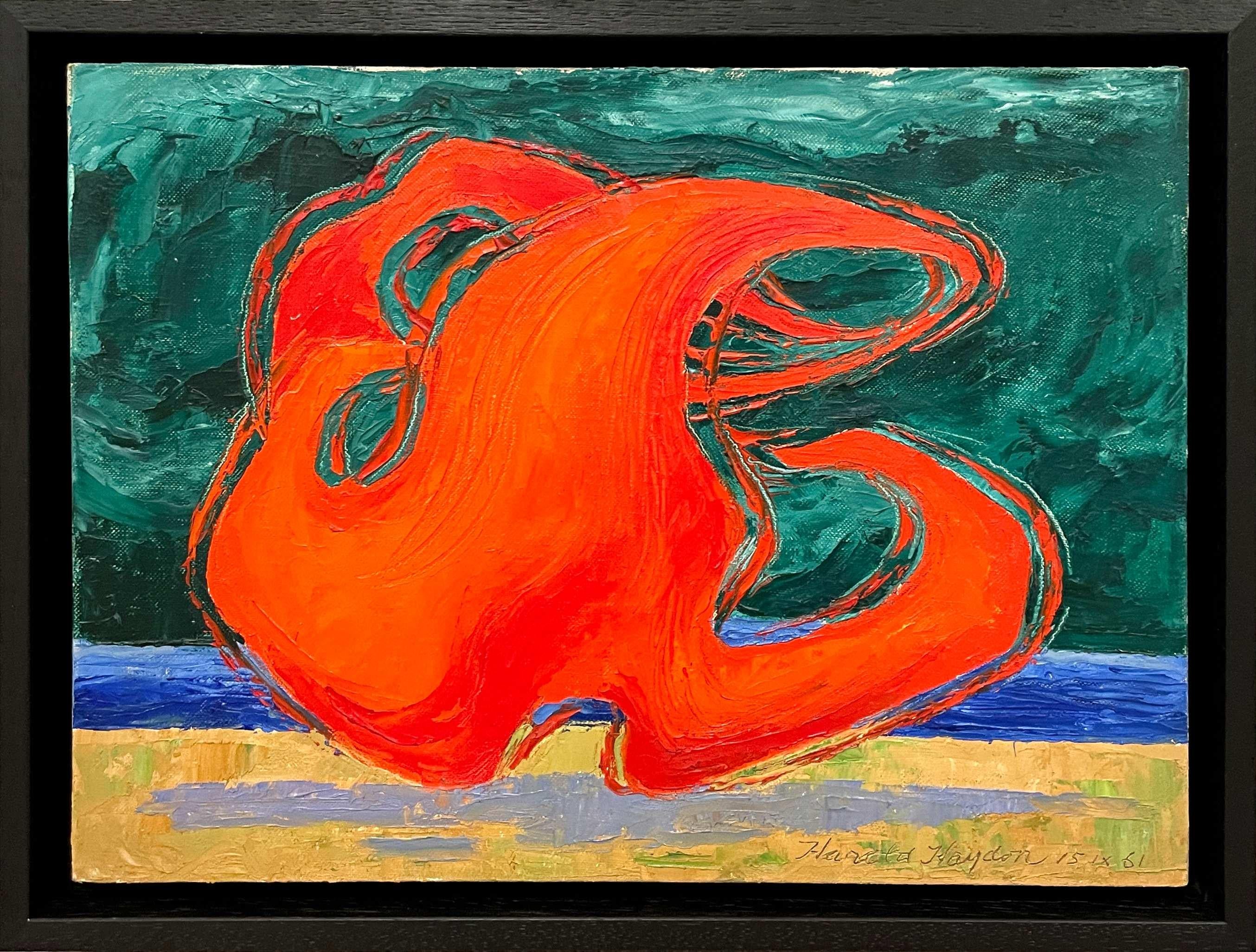 Add some life to your room with this bright & colorful Mid-Century, Abstract Expressionist painting by artist Harold Haydon.  Floated in a black, wooden frame.  Image size:  10