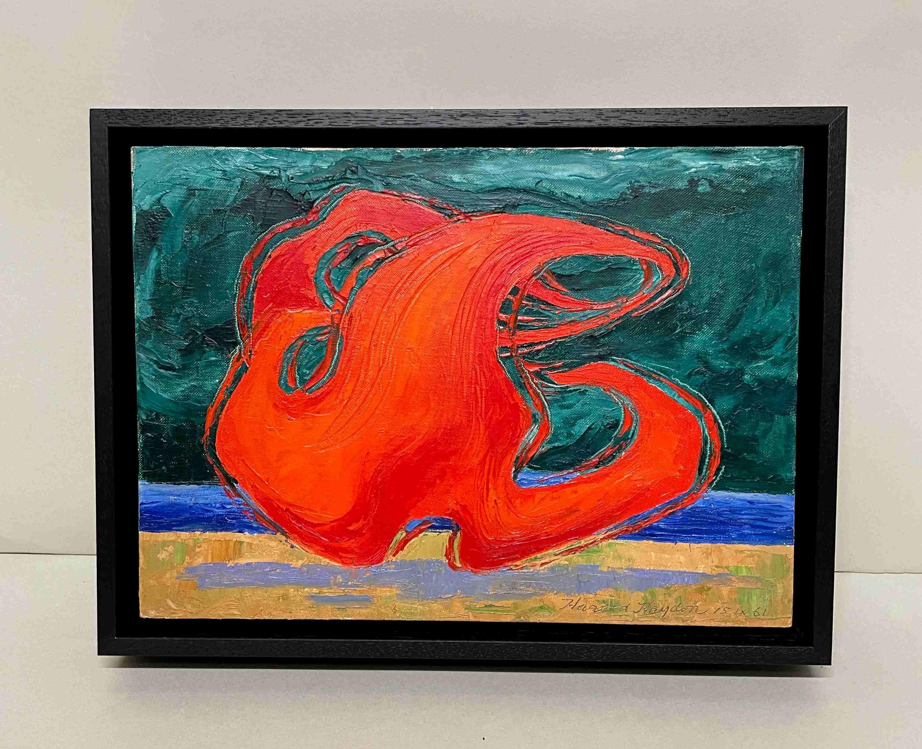 A Bright & Colorful Mid-Century Modern Surrealist Abstract Painting - Red Landscape Painting by Harold Haydon