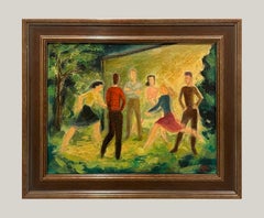 A Charming 1940s Mid-Century Modern Oil, Summer Night, Vermont, "English Dance"