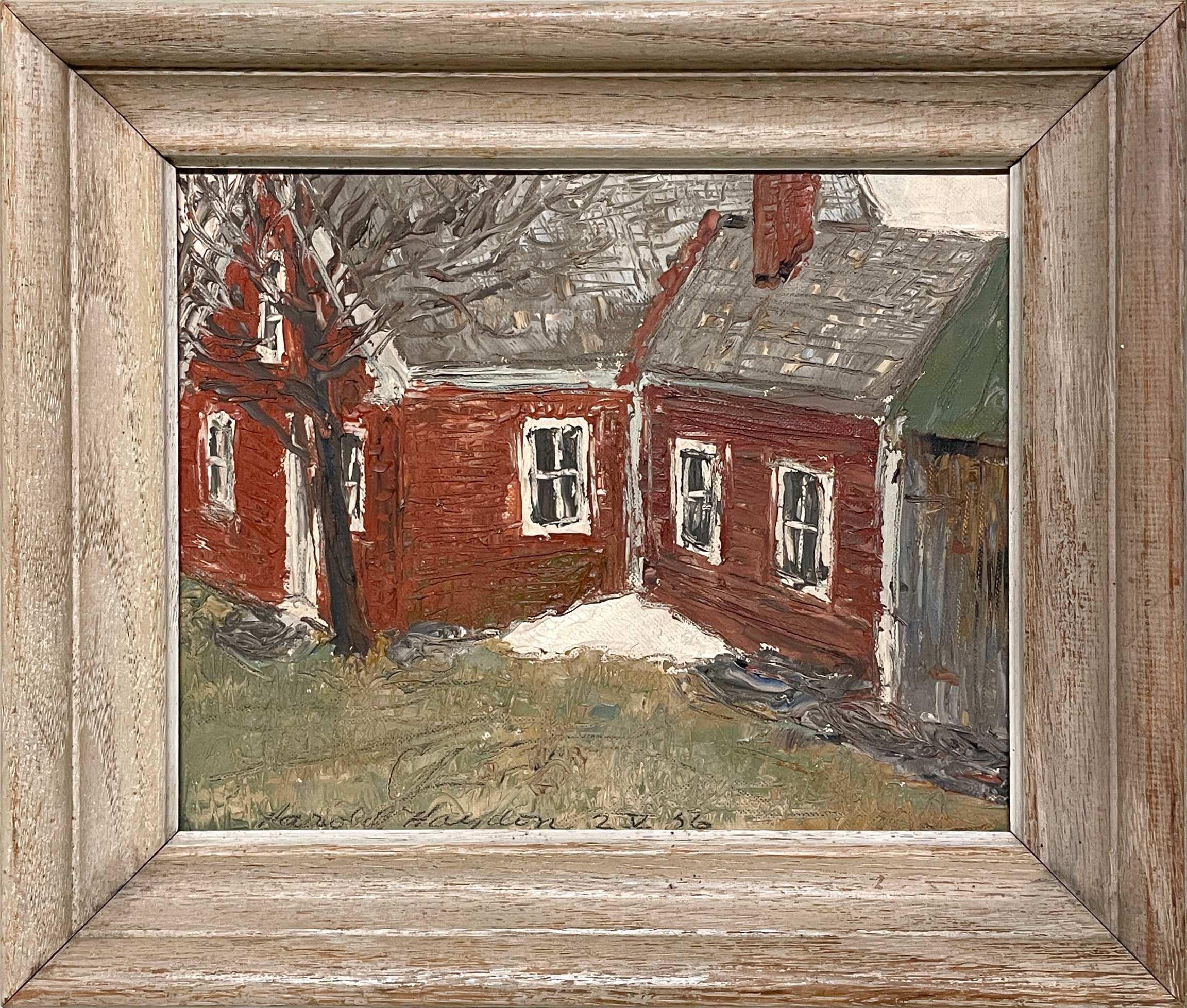 Charmante peinture d'une maison rouge à Calais, Vermont, par l'artiste Harold Haydon, 1956 en vente 2