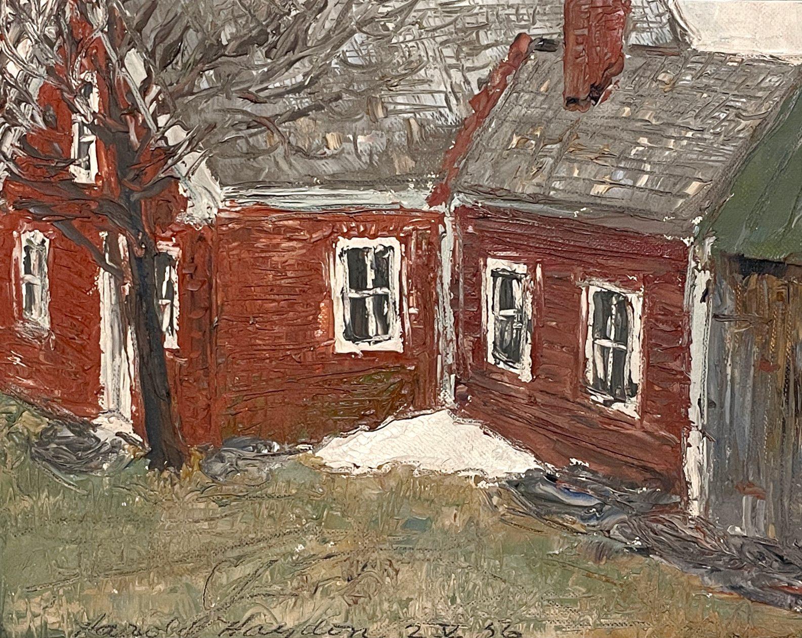 Un incantevole dipinto del 1956 di una casa rossa a Calais, VT dell'artista Harold Haydon