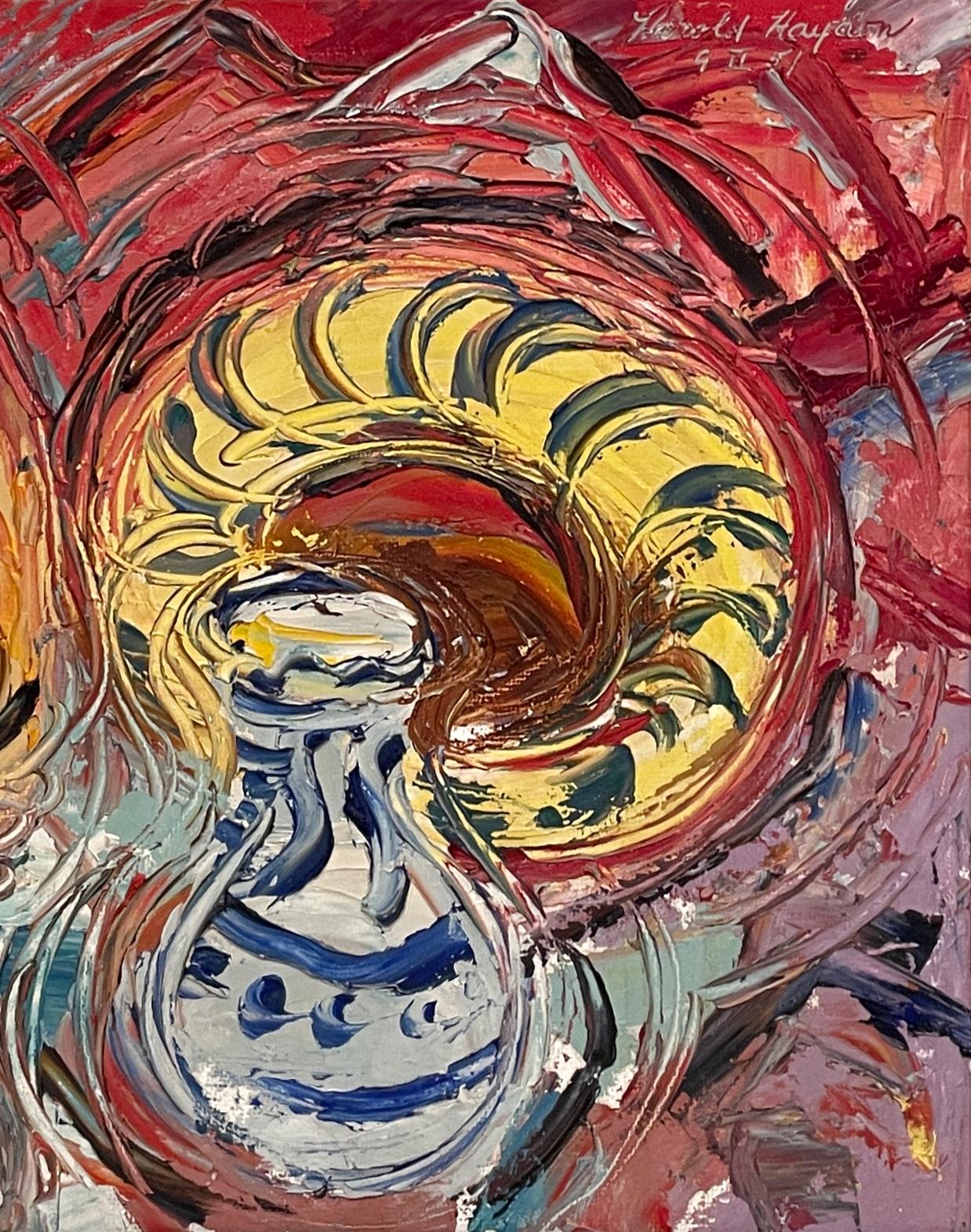 Une vibrante nature morte expressionniste et abstraite du milieu du siècle dernier des années 1950, peinte par le célèbre artiste de Chicago, Harold Haydon (Am. 1909-1994).  Représentation d'une nature morte de studio colorée avec une assiette jaune