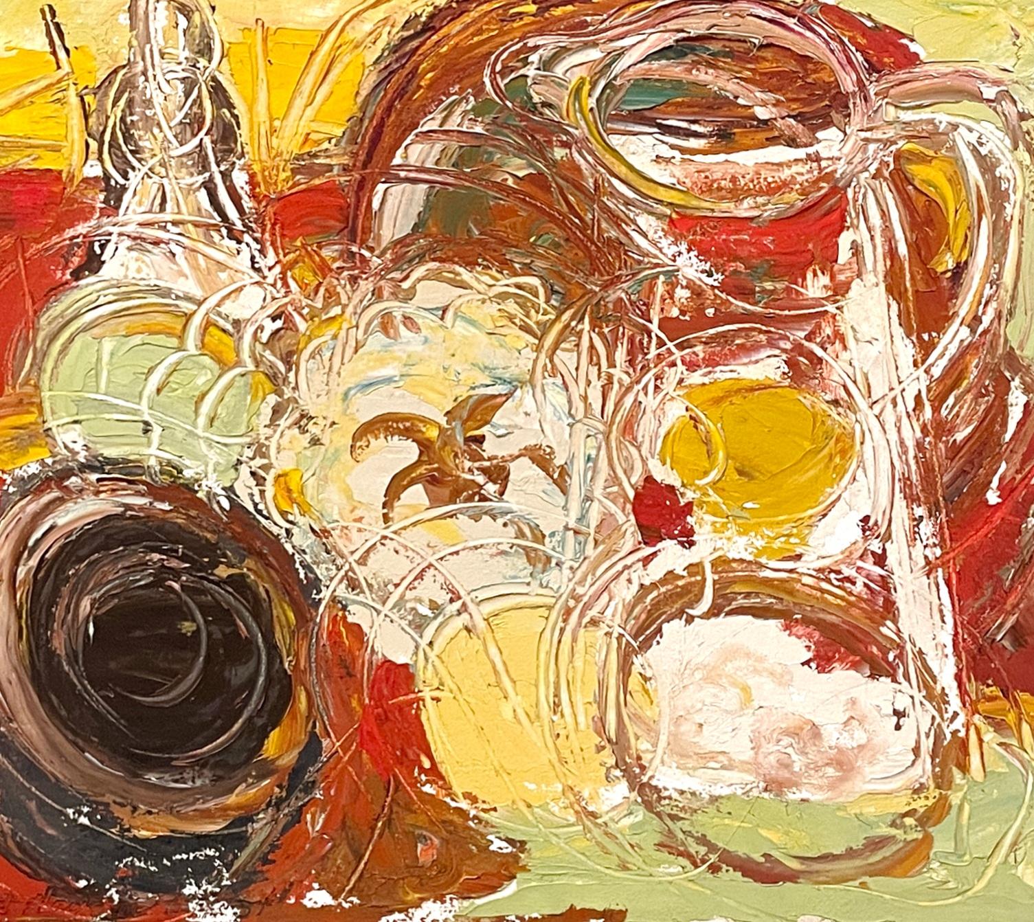 Une vibrante nature morte expressionniste du milieu du siècle dernier des années 1950, peinte par le célèbre artiste de Chicago, Harold Haydon (1909-1994).  Représentation d'une nature morte de studio lumineuse et vivante avec un grand pichet en