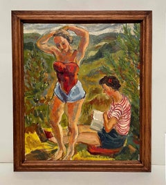 A Delightful 1940s Modern Painting of Two Women in a Summer Vermont Landscape