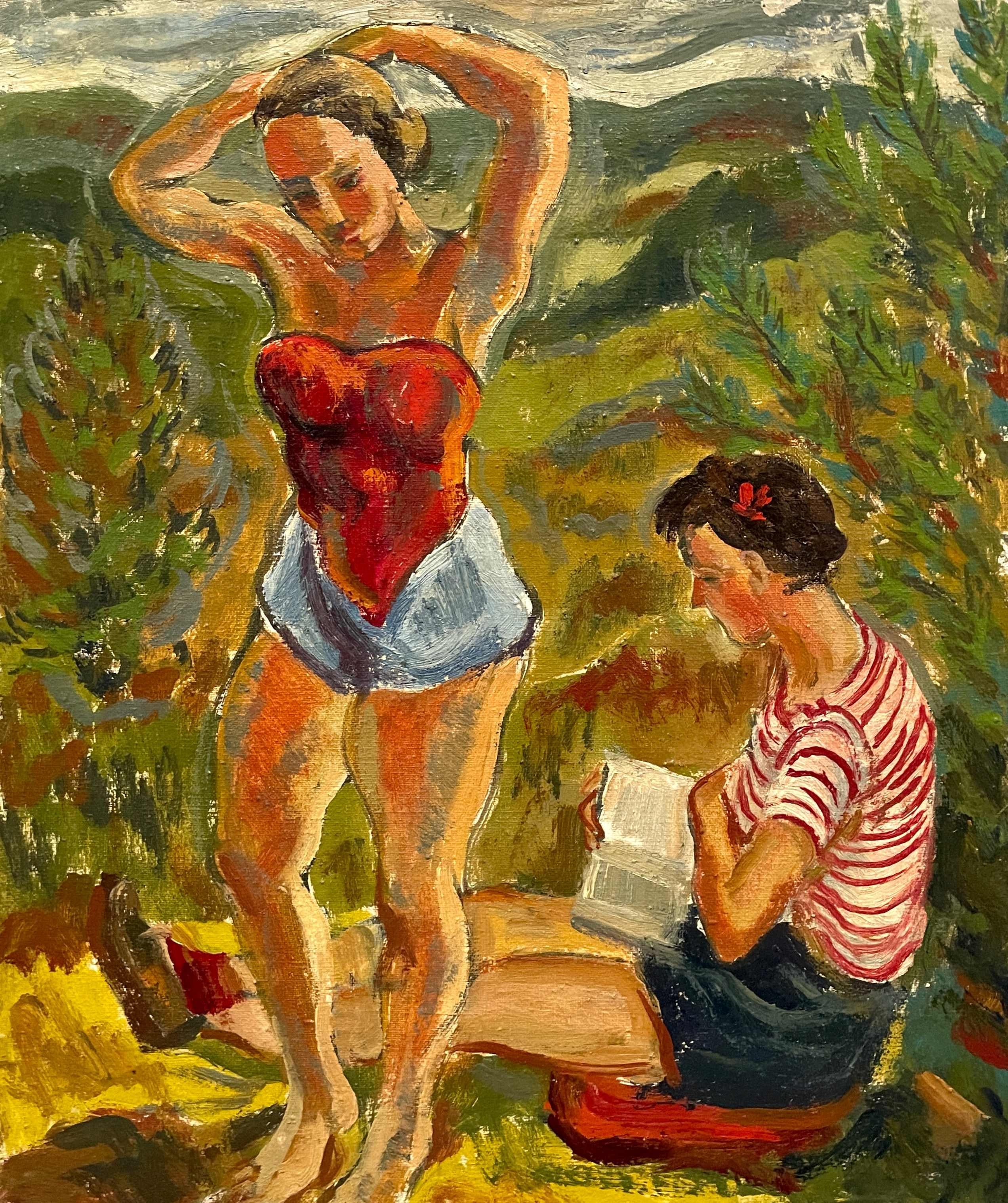 Un delizioso dipinto del 1940 dell'artista Harold Haydon che ritrae due donne che si rilassano nella natura selvaggia del Vermont.  An He aveva una casa estiva a Calais, nel Vermont, dove spesso dipingeva.  Dimensioni delle immagini:  20" x 17", 