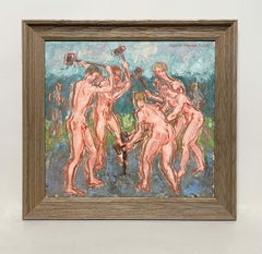 A Fabulous 1950s Mid-Century Modern Painting, Male Nudes, Hammering, Circus Tent