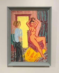 A Lively, Surrealist 1950s Mid-Century Modern Studio Scene, Seated Female Nude