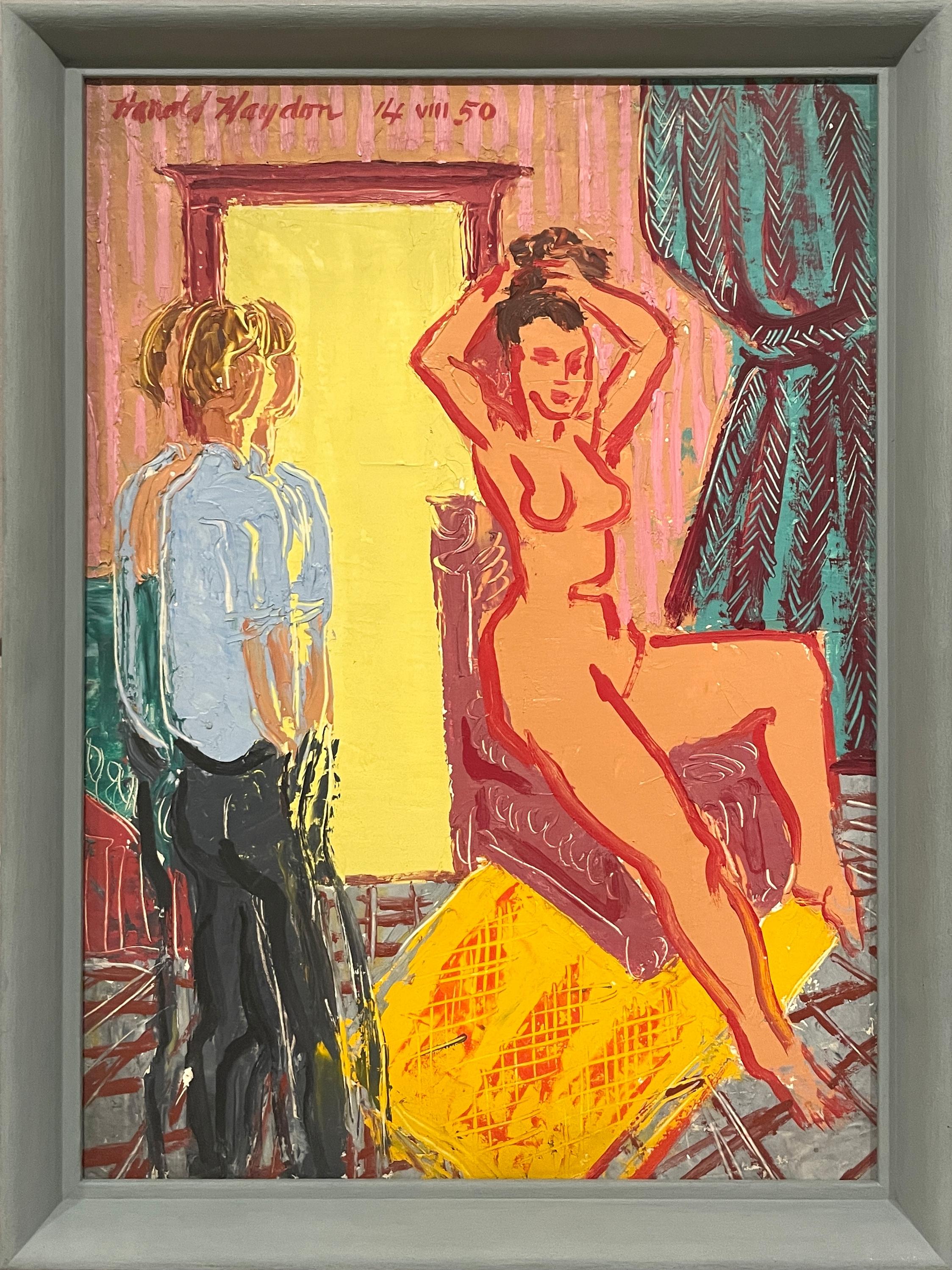 A Lively, Surrealist 1950s Mid-Century Modern Studio Scene, Seated Female Nude