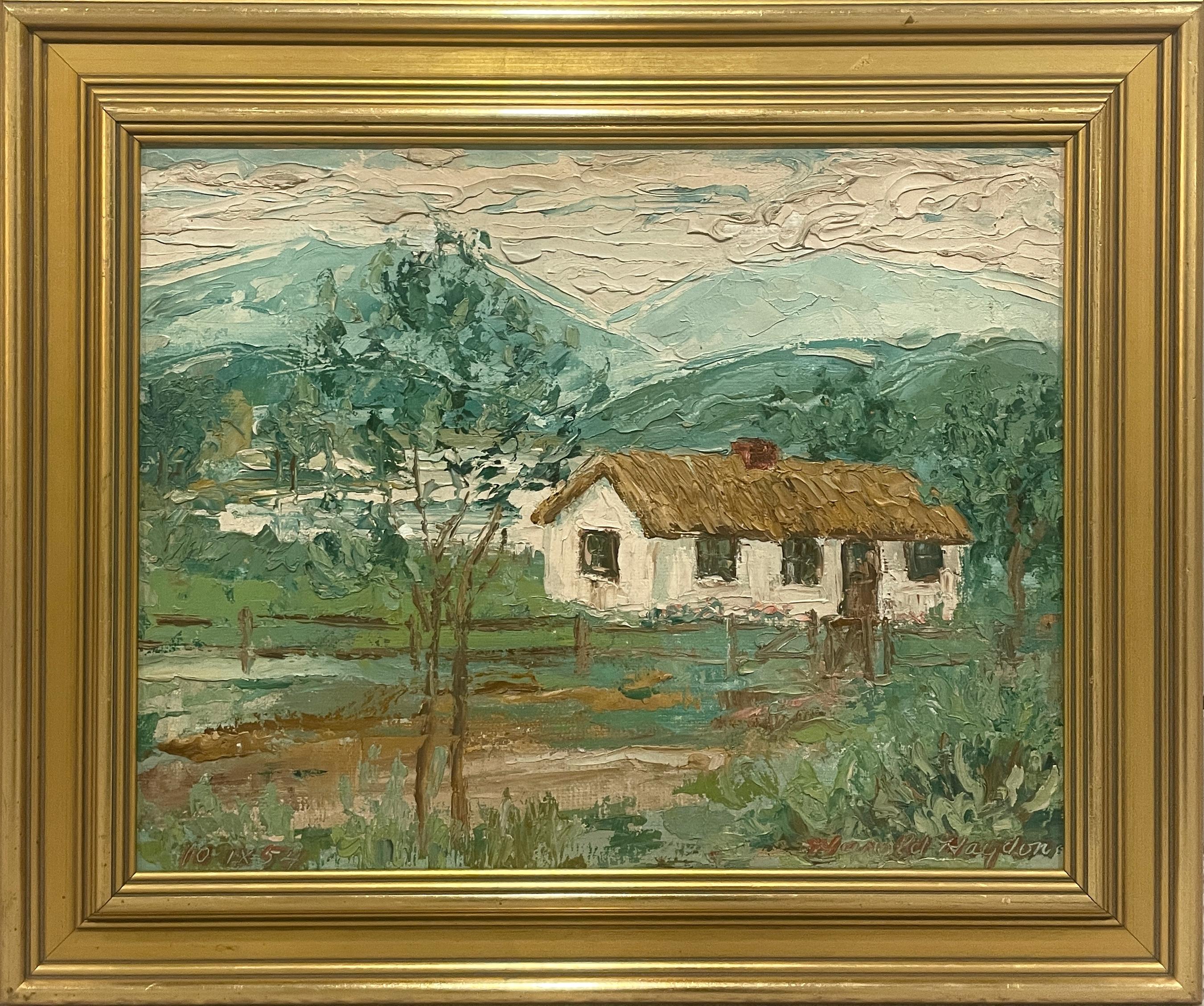 Harold Haydon Figurative Painting – Eine malerische, moderne Vermont-Sommer-Landschaft, weißes Cottage