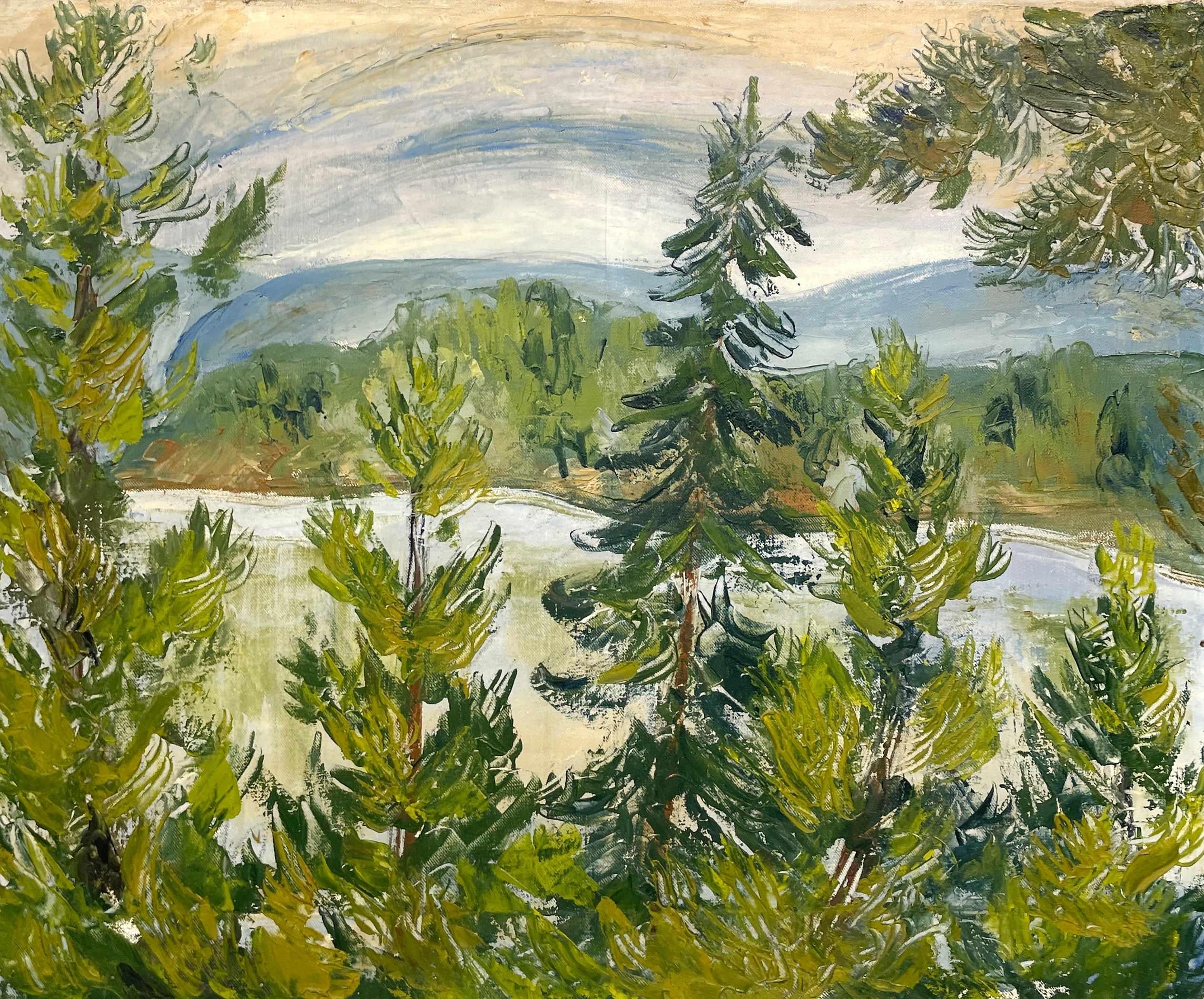 A serene 1940s Vermont Landscape, depicting evergreen trees and a lake by artist Harold Haydon.  Image size:  16"  x 20".  Framed size:  20" x 24".  In a rustic brown wood frame.  Estate stamped on reverse.

Harold Emerson Haydon was born in 1909 in