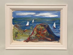 Scène de plage moderne du Michigan ensoleillée de 1948 par l'artiste de Chicago Harold Haydon