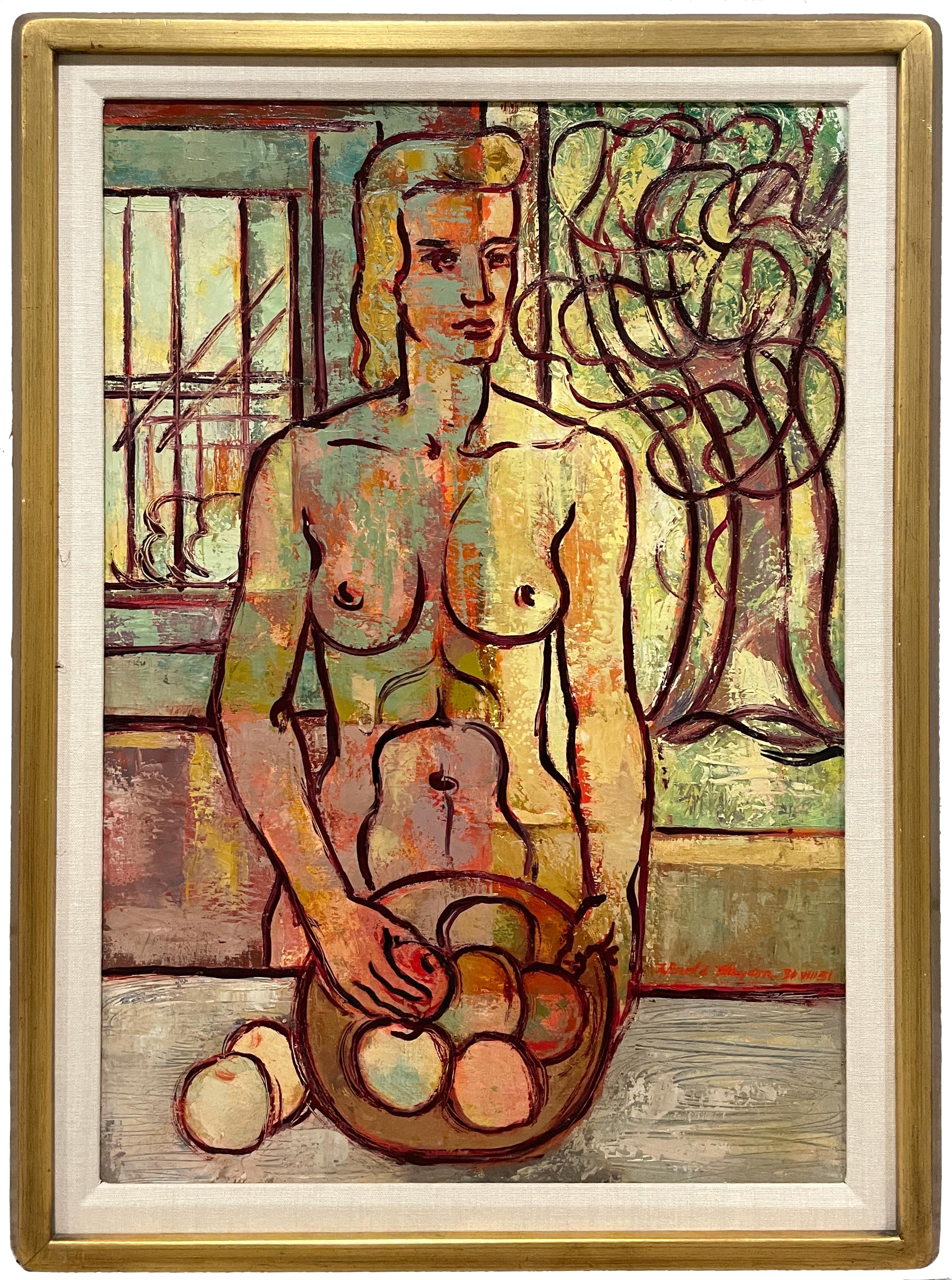 Harold Haydon Nude Painting - A Surrealist 1950s Mid-Century Modern Interior Scene, "Nude with Apples"