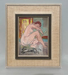 Un cuadro surrealista de estudio moderno de mediados de siglo de los años 50, "Desnudo sentado con espejo"