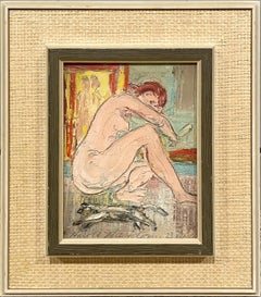 A Surrealist 1950s Mid-Century Modern Studio Painting, "Seated Nude with Mirror"