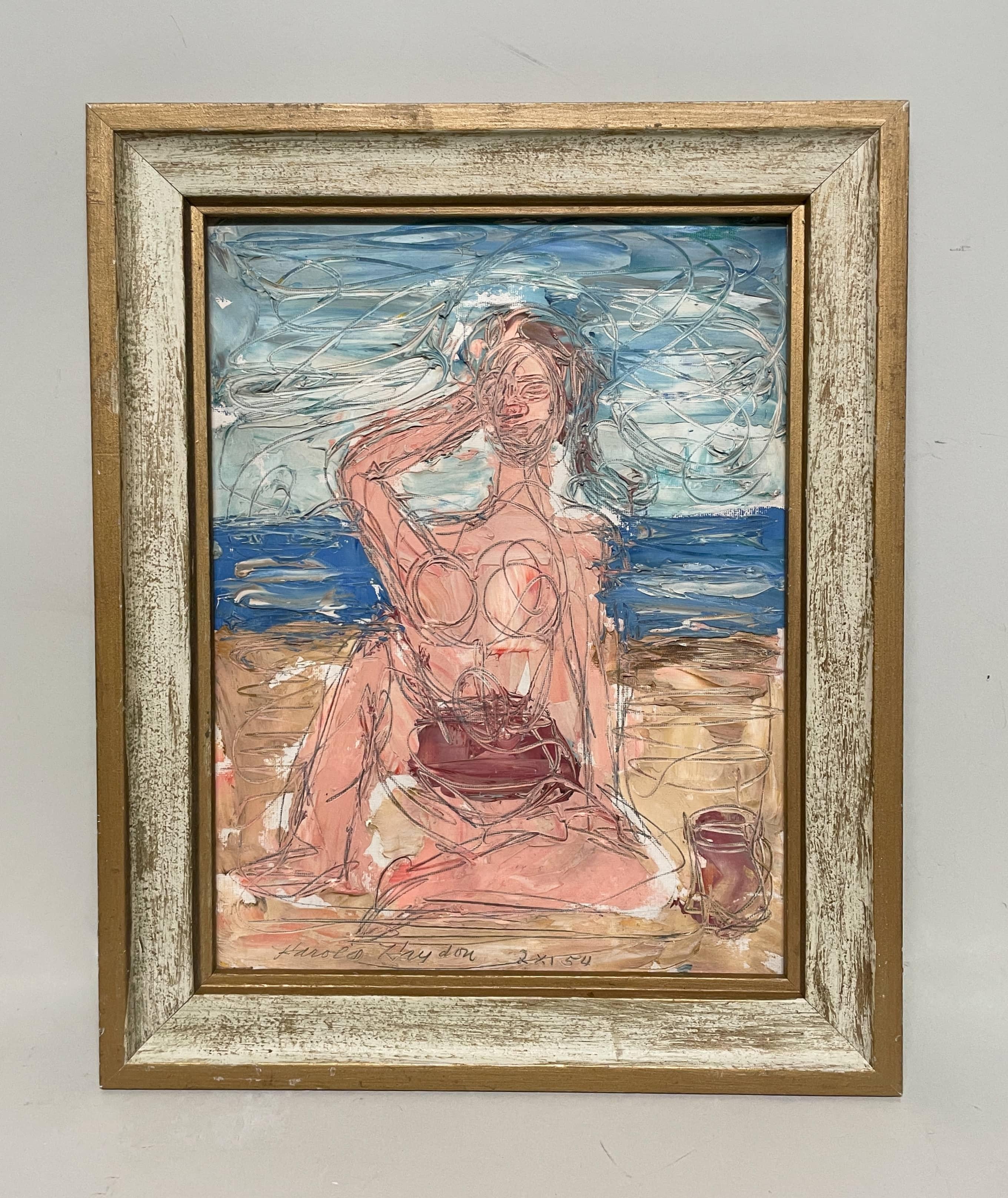 A Surrealist Abstract 1950s Mid-Century Modern Female Nude Bather, Beach Scene - Painting by Harold Haydon