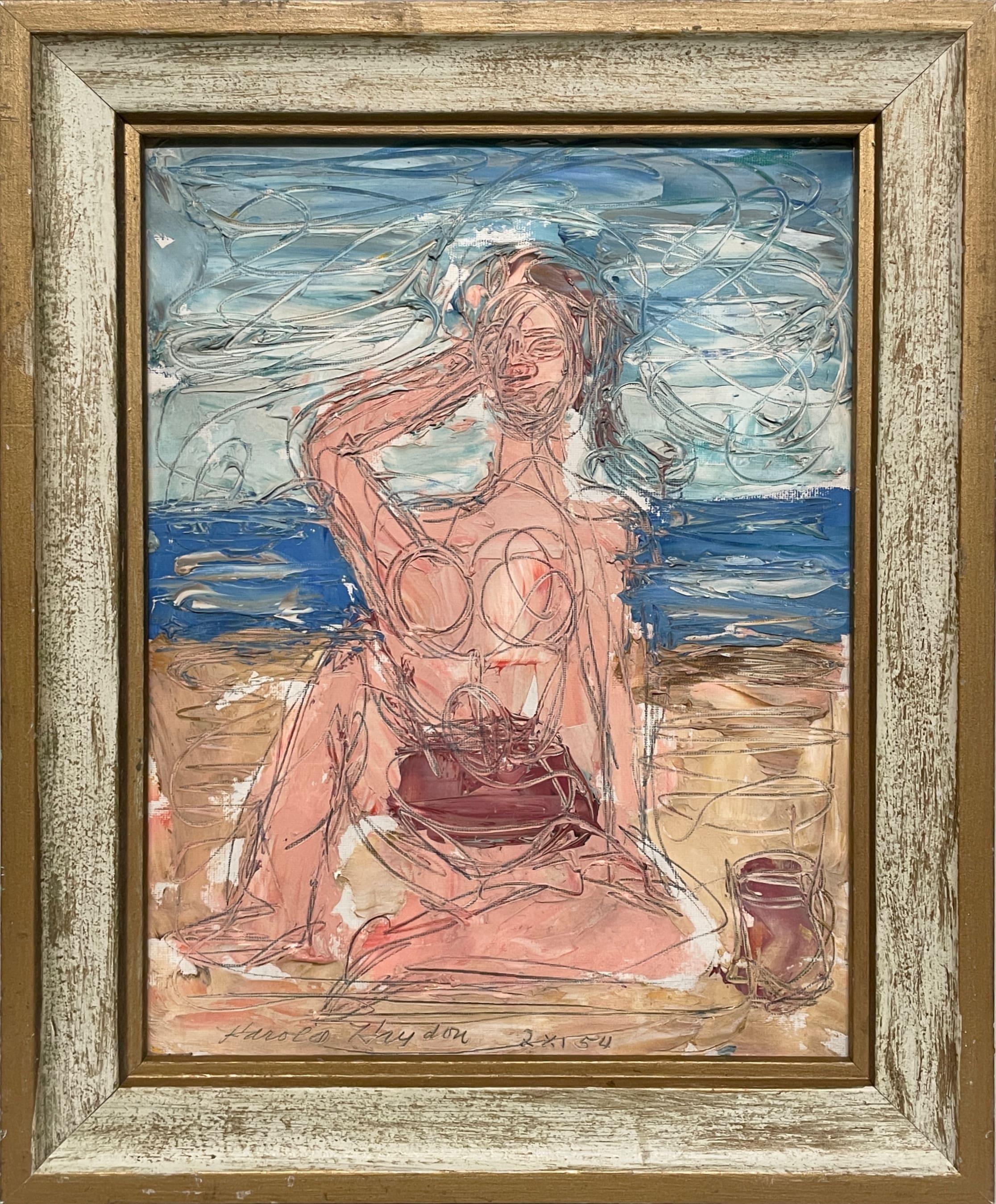 A Surrealist Abstract 1950s Mid-Century Modern Female Nude Bather, Beach Scene - Brown Nude Painting by Harold Haydon