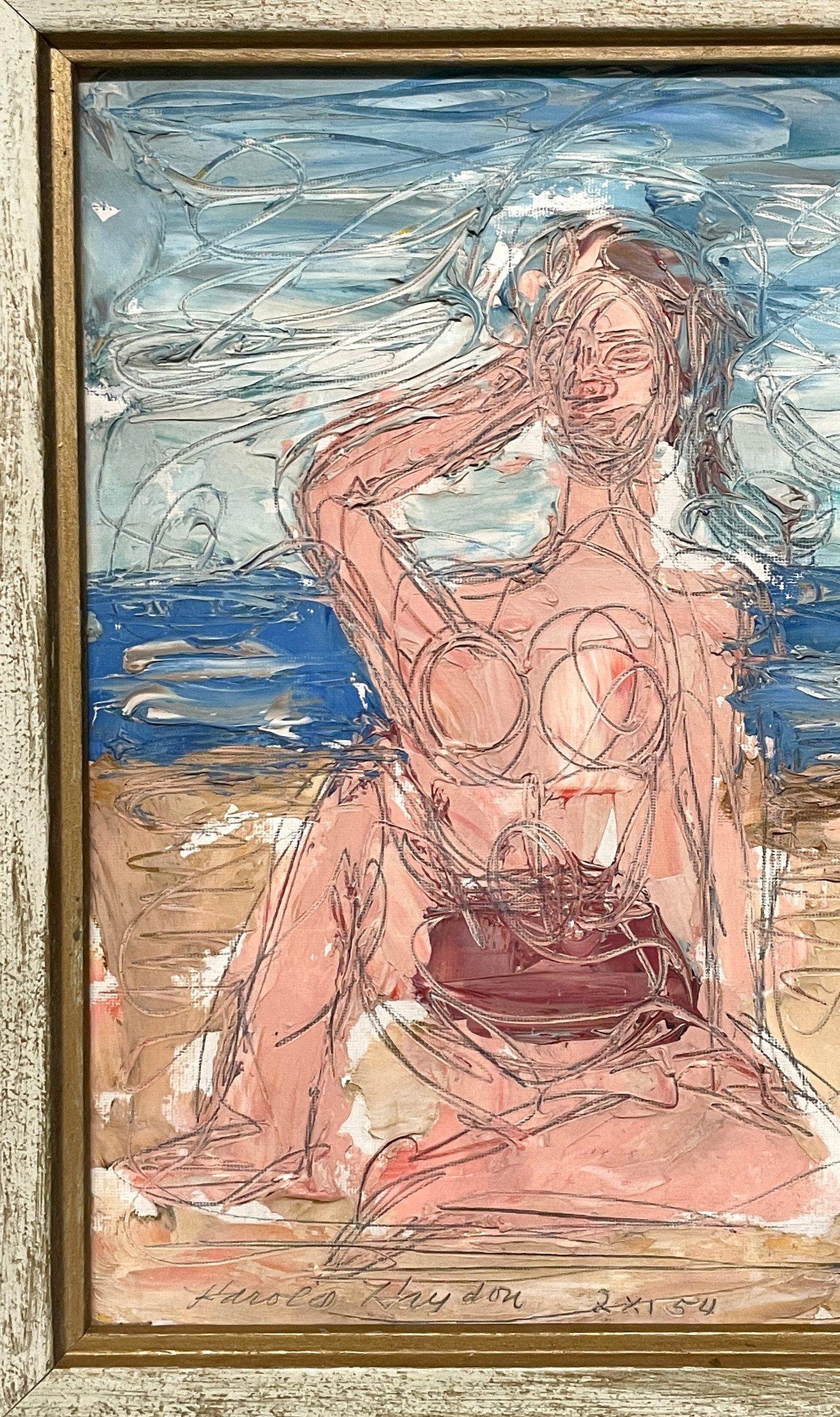 A Visually Striking Abstract Surrealist 1950s Mid-Century Modern Beach Scene of a Female Nude Bather by Notable Chicago Artist, Harold Haydon (Am. 1909-1994).  