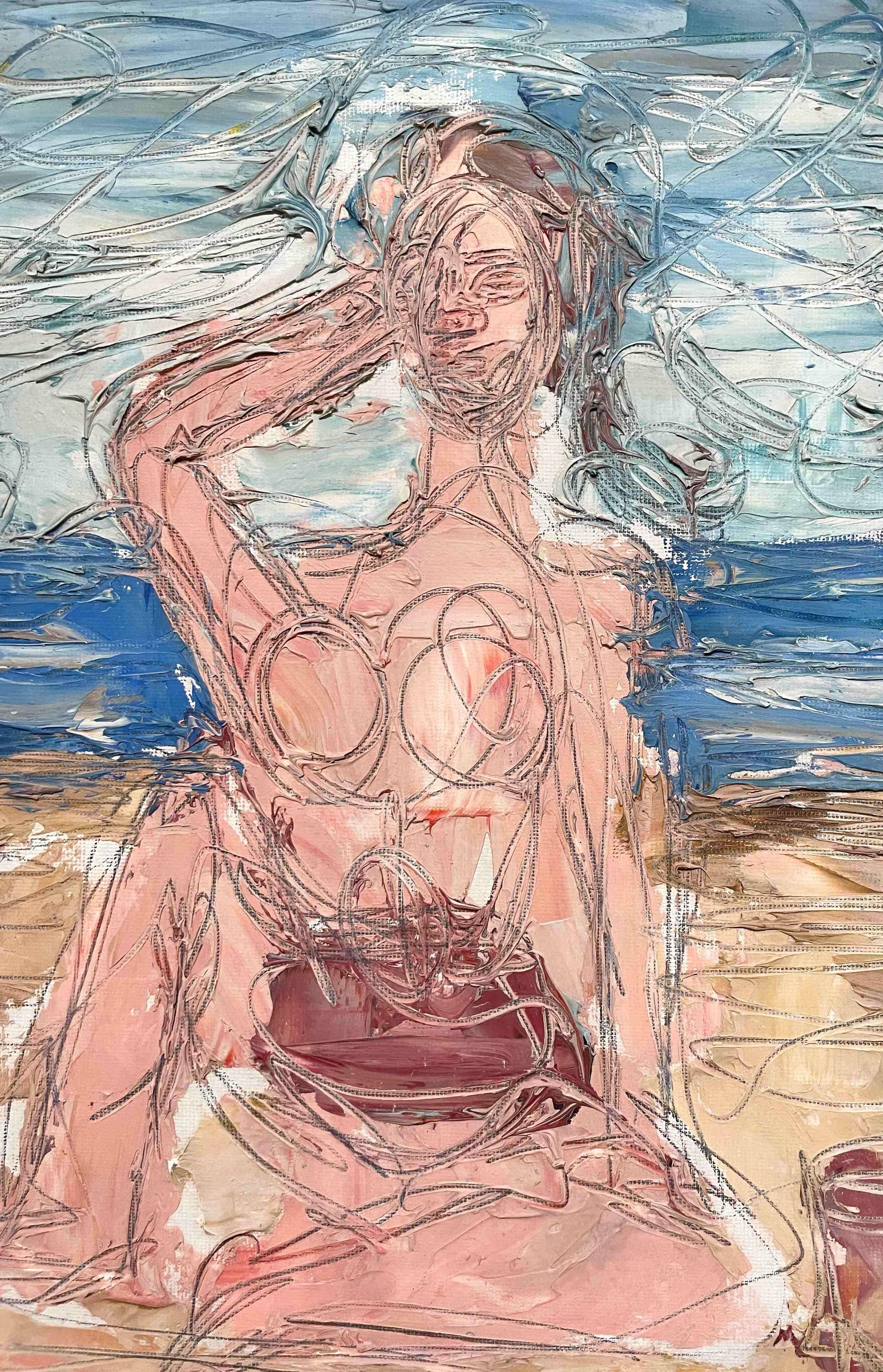 A Surrealist Abstract 1950s Mid-Century Modern Female Nude Bather, Beach Scene For Sale 1