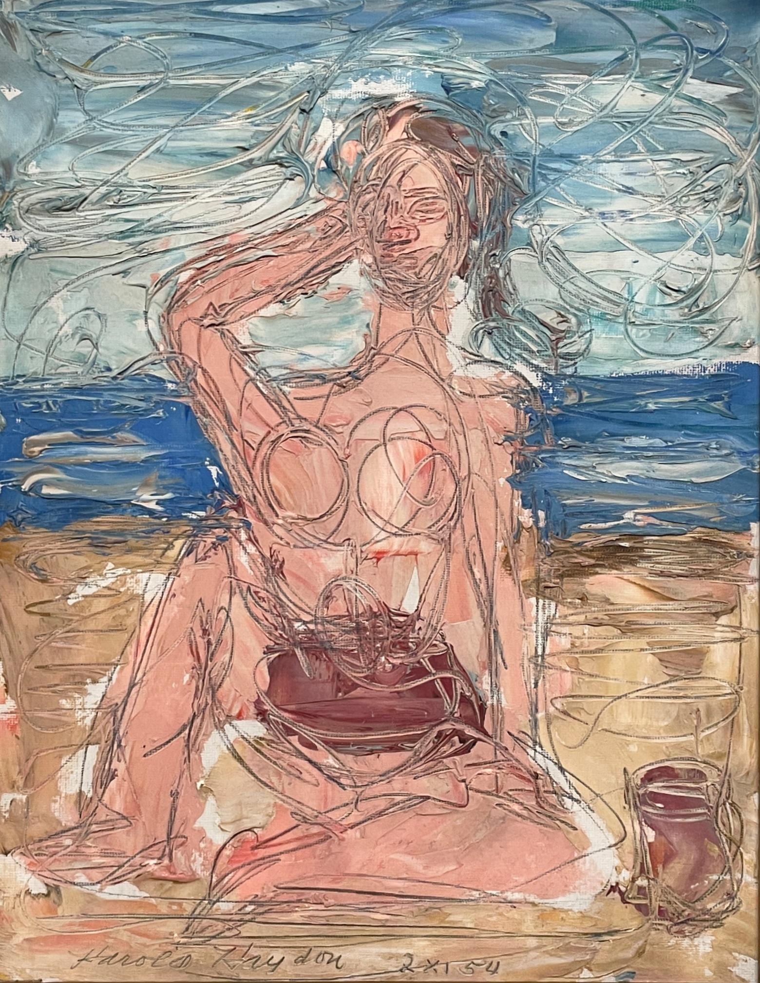 Harold Haydon Nude Painting - A Surrealist Abstract 1950s Mid-Century Modern Female Nude Bather, Beach Scene