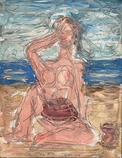 A Surrealist Abstract 1950s Mid-Century Modern Female Nude Bather, Beach Scene