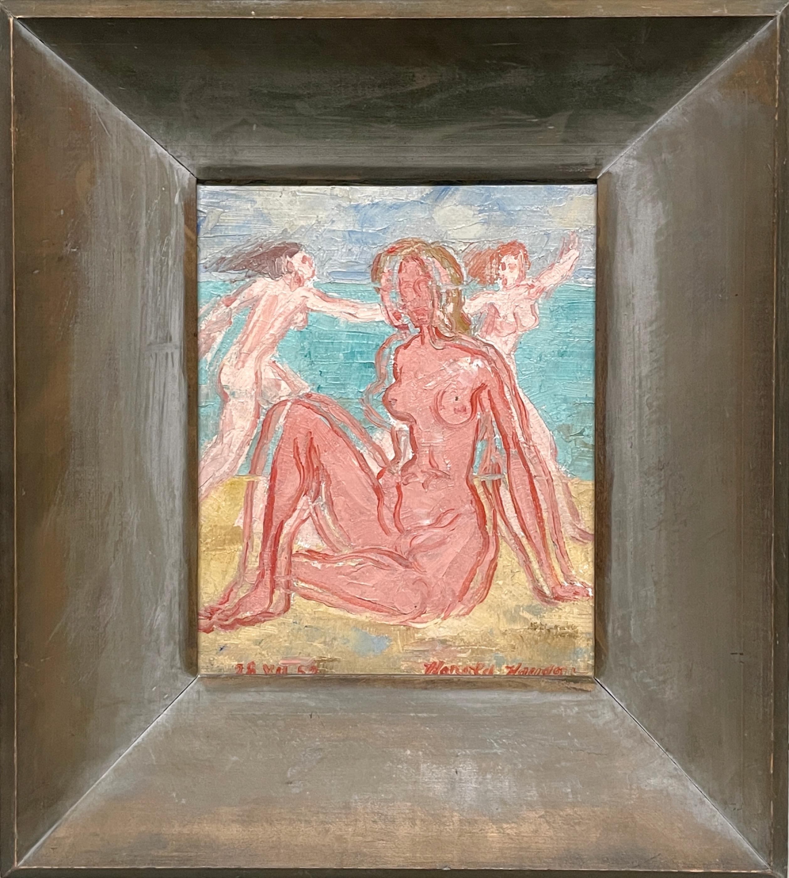 A Surrealist Abstract 1950s Mid-Century Modern Female Nude Bathers, Beach Scene