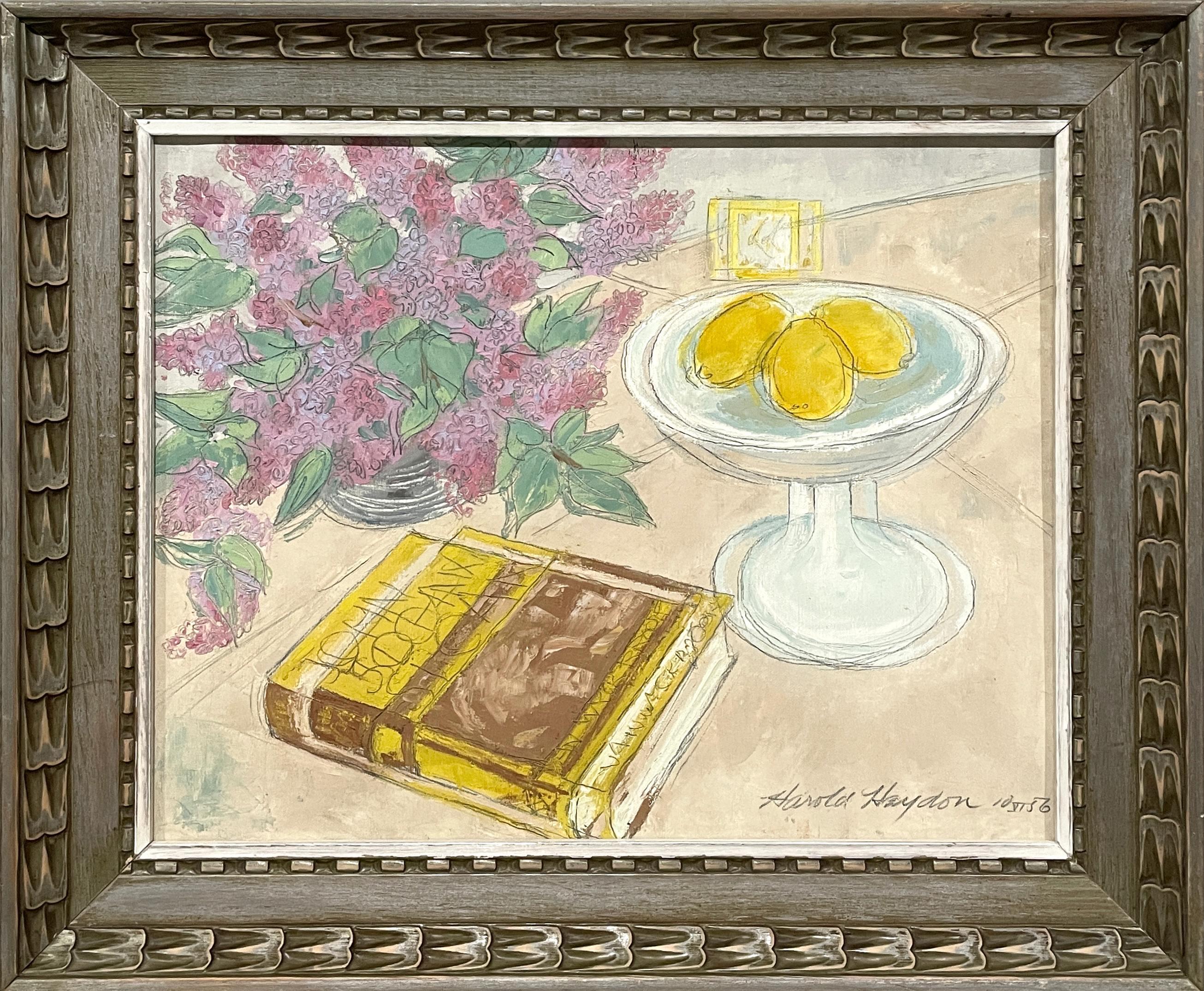 Ein surrealistisches abstraktes 1950er-Jahre-Mitte-Jahrhundert-Moderne-Interieur-Stillleben-Gemälde – Painting von Harold Haydon