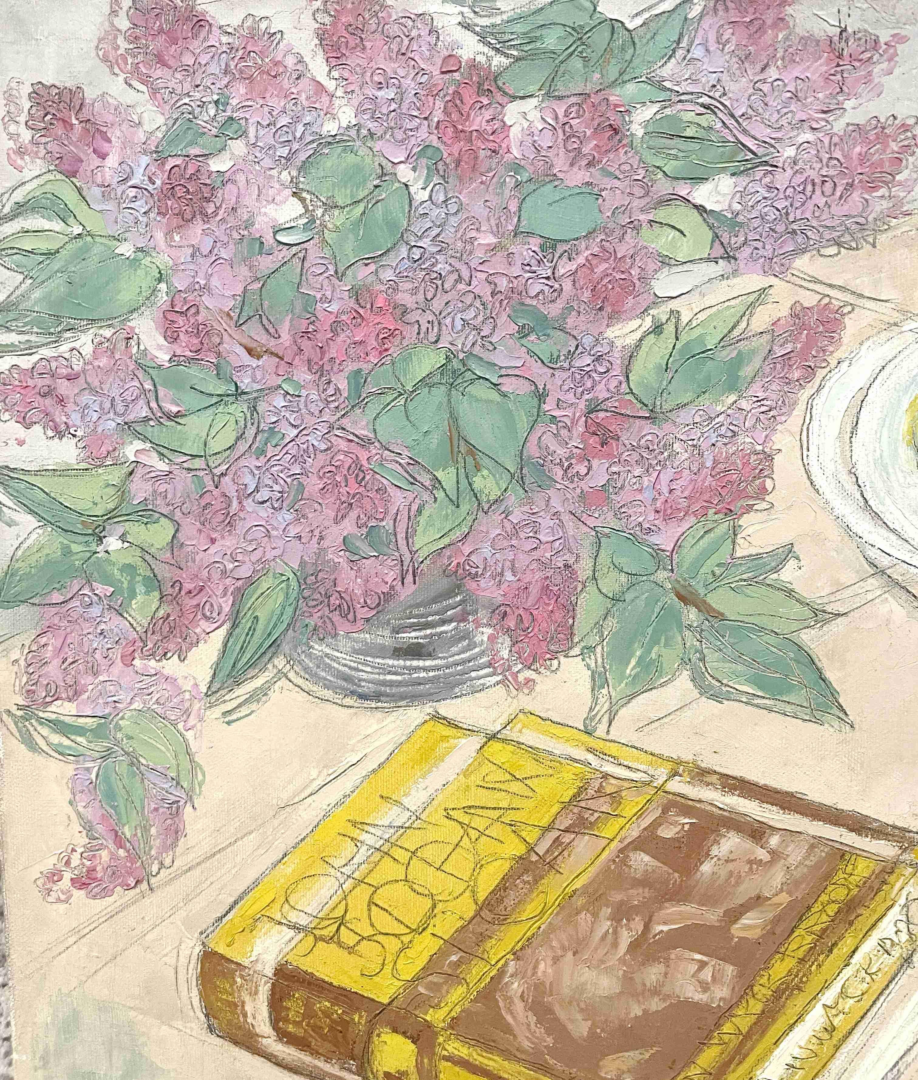 Ein visuell auffälliges, abstraktes surrealistisches Gemälde aus der Mitte des Jahrhunderts von Harold Haydon (Am. 1909-1994), einem bekannten Künstler aus Chicago.  Das Gemälde zeigt eine farbenfrohe Tischszene in einem Studio mit einem lebhaften