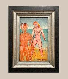 A Unique, Surrealist 1950s Mid-Century Modern Painting, Beach Scene / Bathers