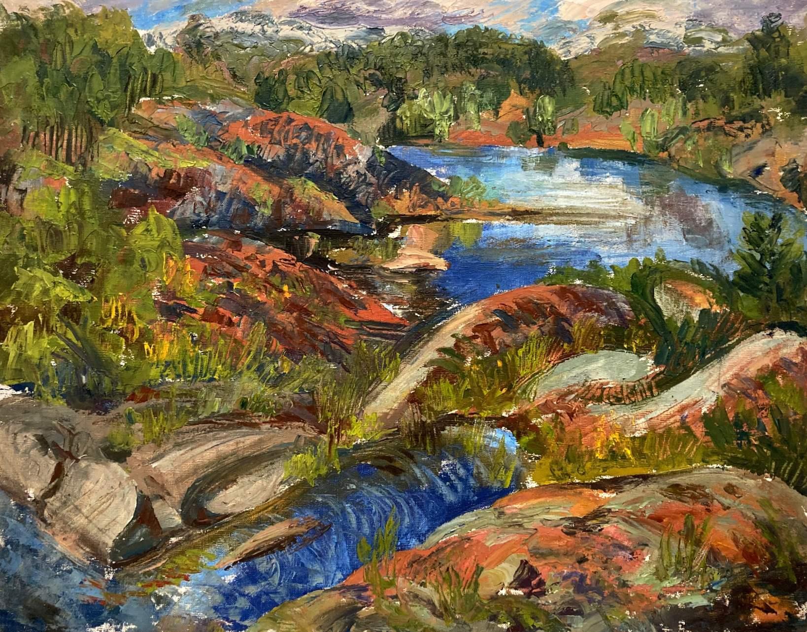 Un vivace paesaggio estivo di un fiume del Vermont dell'artista Harold Haydon in una cornice dorata.
Dimensioni dell'opera d'arte:  20" x 25".   Dimensioni della cornice:  21 1/2" x 26 1/2".   Tenuta timbrata sul retro.

Harold Haydon è nato nel