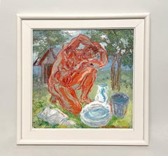 A Vibrant, 1950s Mid-Century Modern Painting of a Male Bather, Vermont Landscape