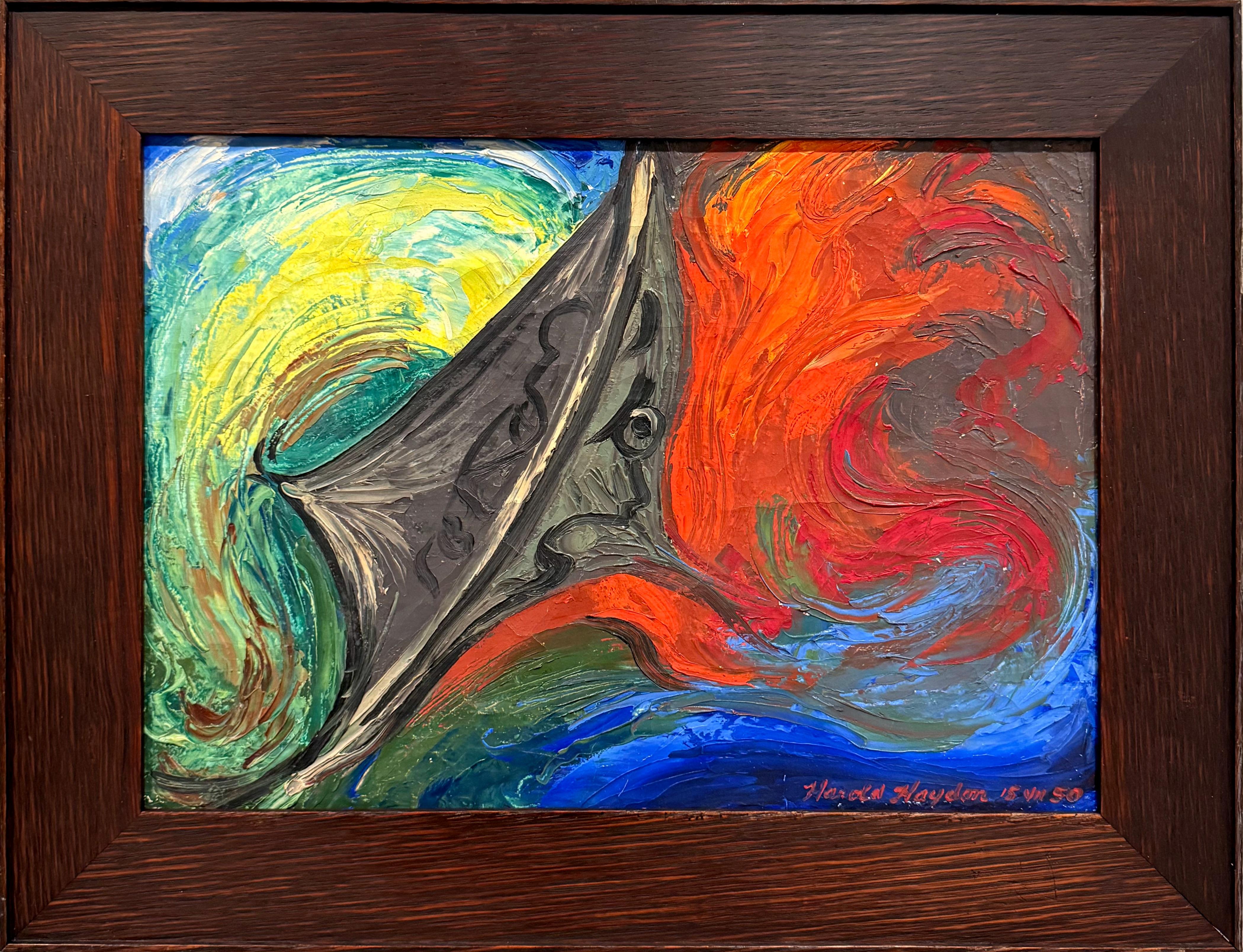 Harold Haydon Landscape Painting – Ein lebhaftes surrealistisches abstraktes Ölgemälde der 1950er Jahre aus der Mitte des Jahrhunderts
